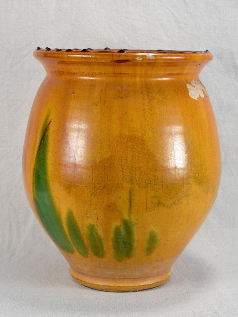 Very large confit pot / cache pot with orange and green glaze 15"