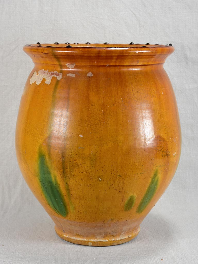 Very large confit pot / cache pot with orange and green glaze 15"