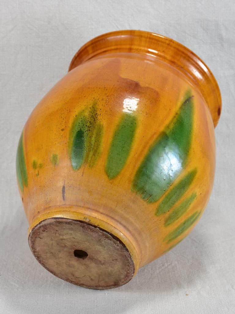 Very large confit pot / cache pot with orange and green glaze 15"