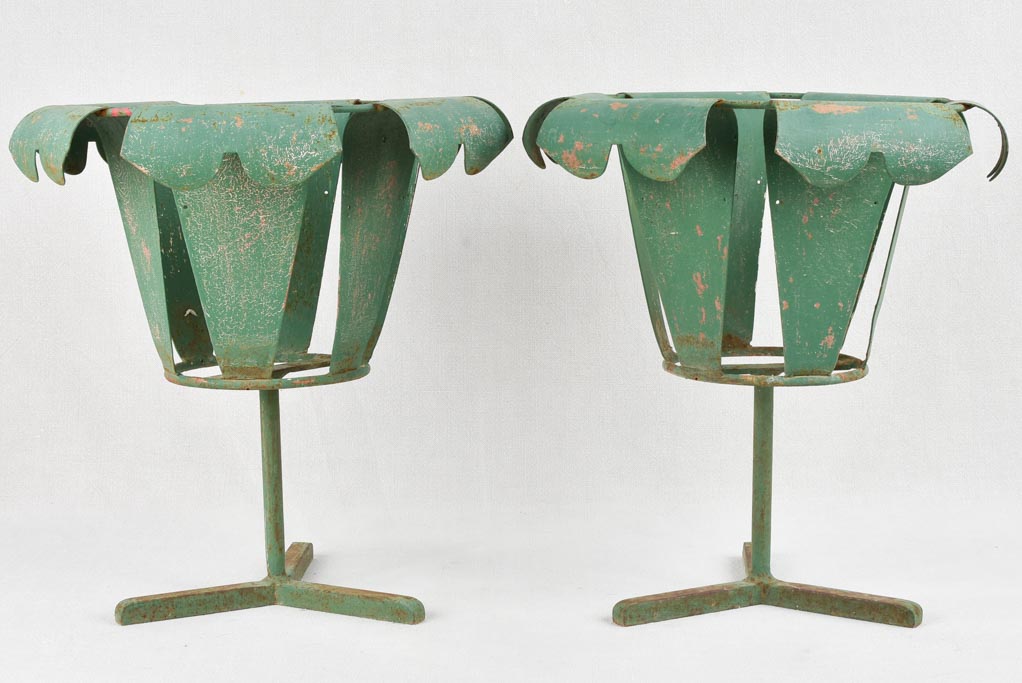 Pair vintage of metal plant stands with green patina 18"