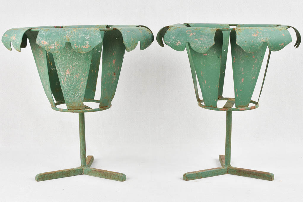 Pair vintage of metal plant stands with green patina 18"