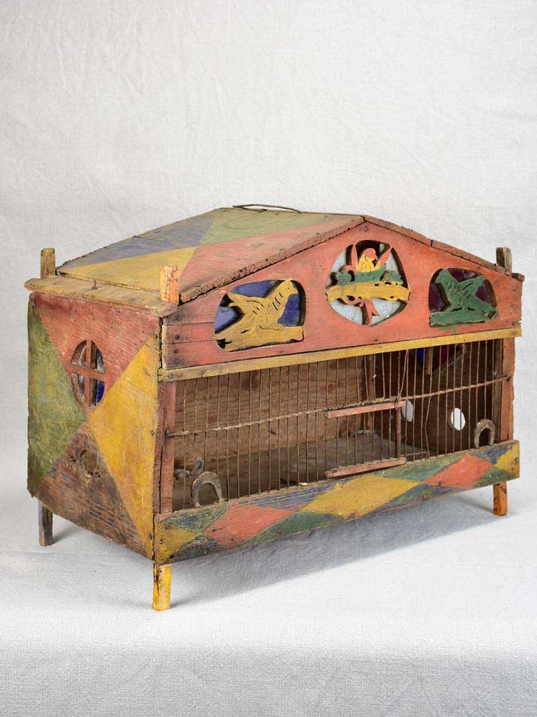 Mid-century folk art birdcage - handpainted