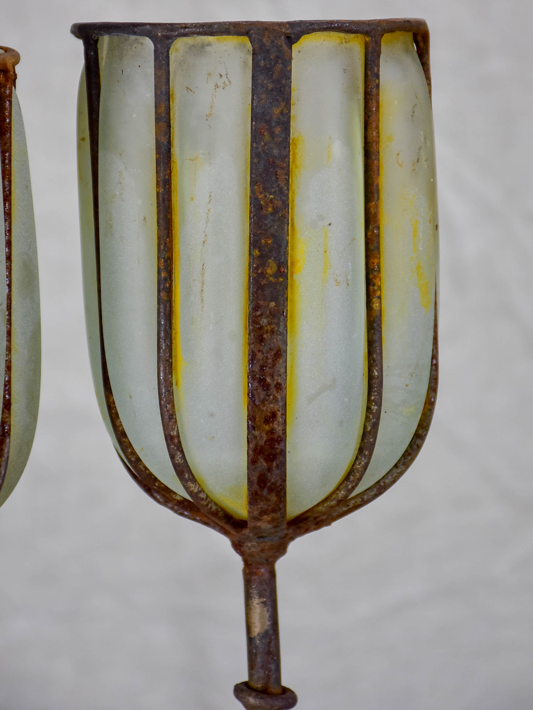 Two rustic glass and iron candlesticks - artisan made