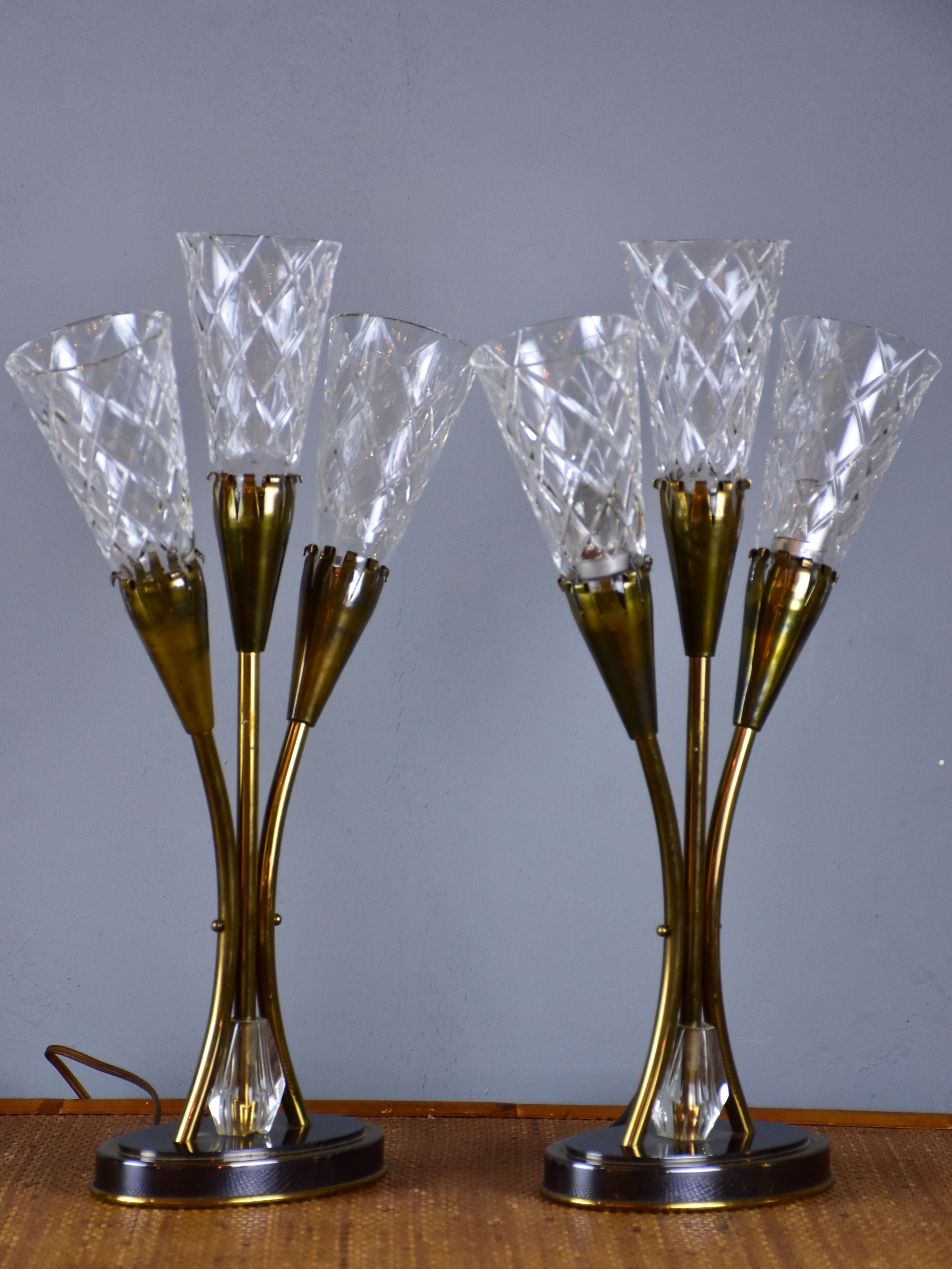 Pair of mid century table lamps with Sevre crystal flutes