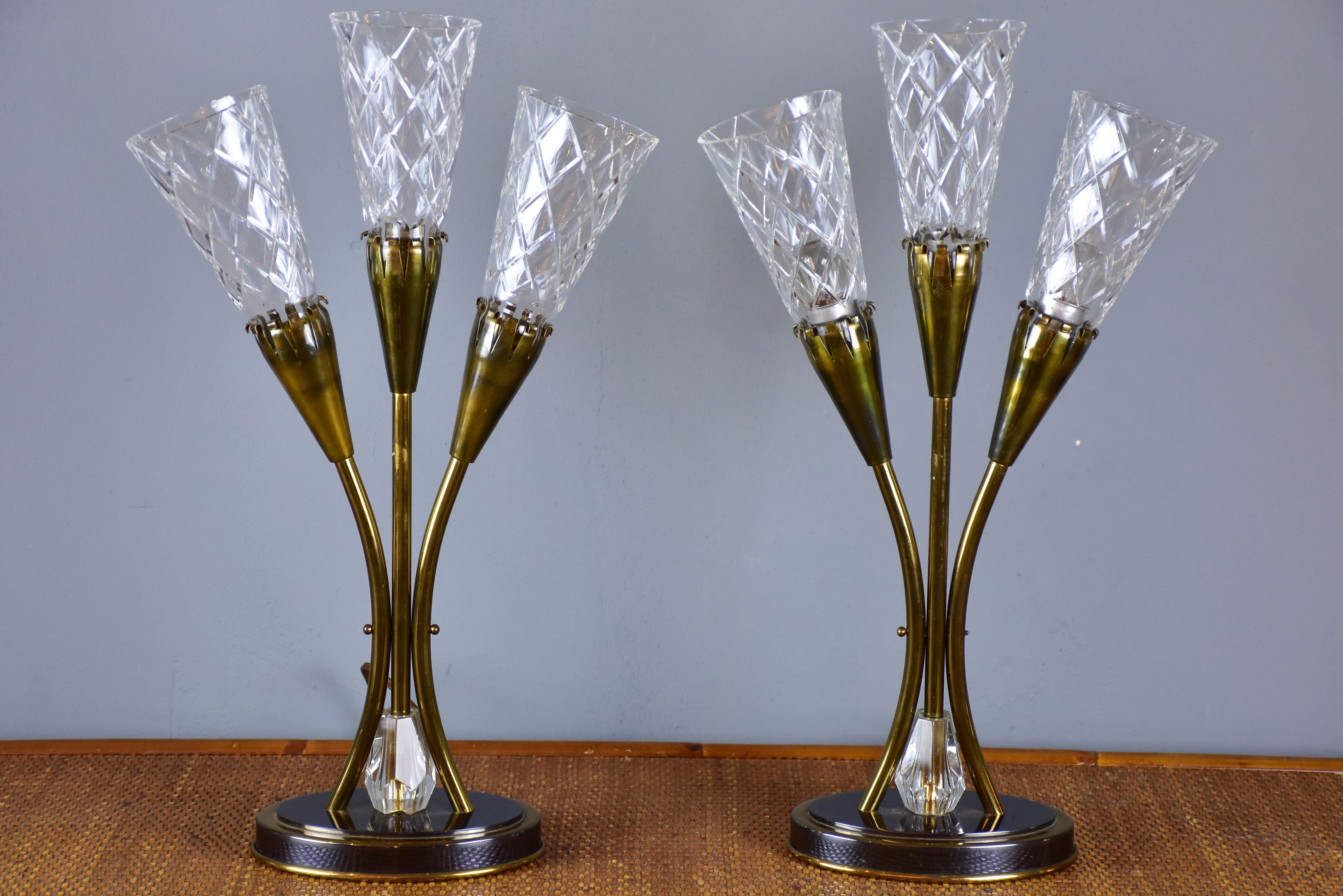 Pair of mid century table lamps with Sevre crystal flutes