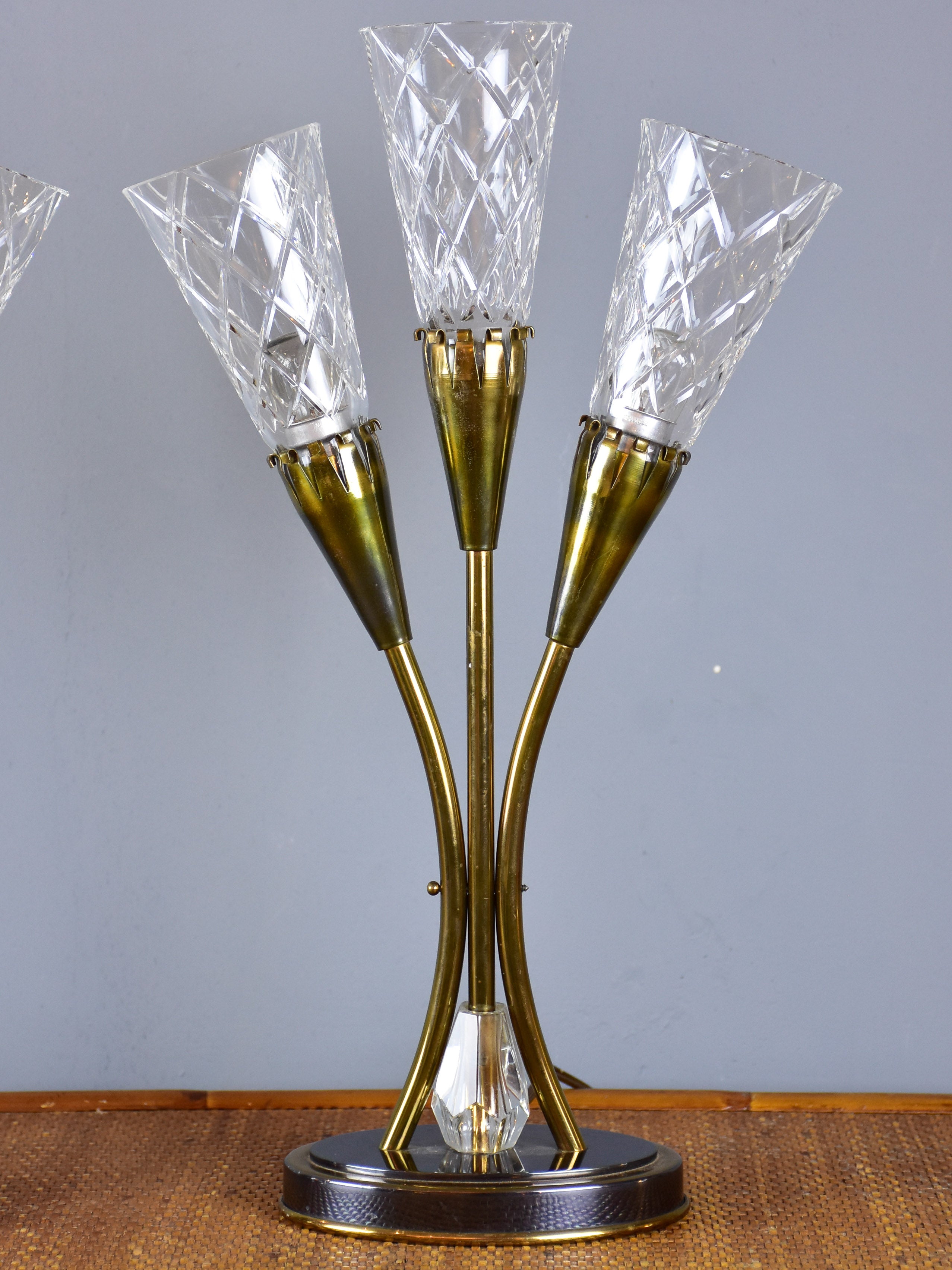 Pair of mid century table lamps with Sevre crystal flutes