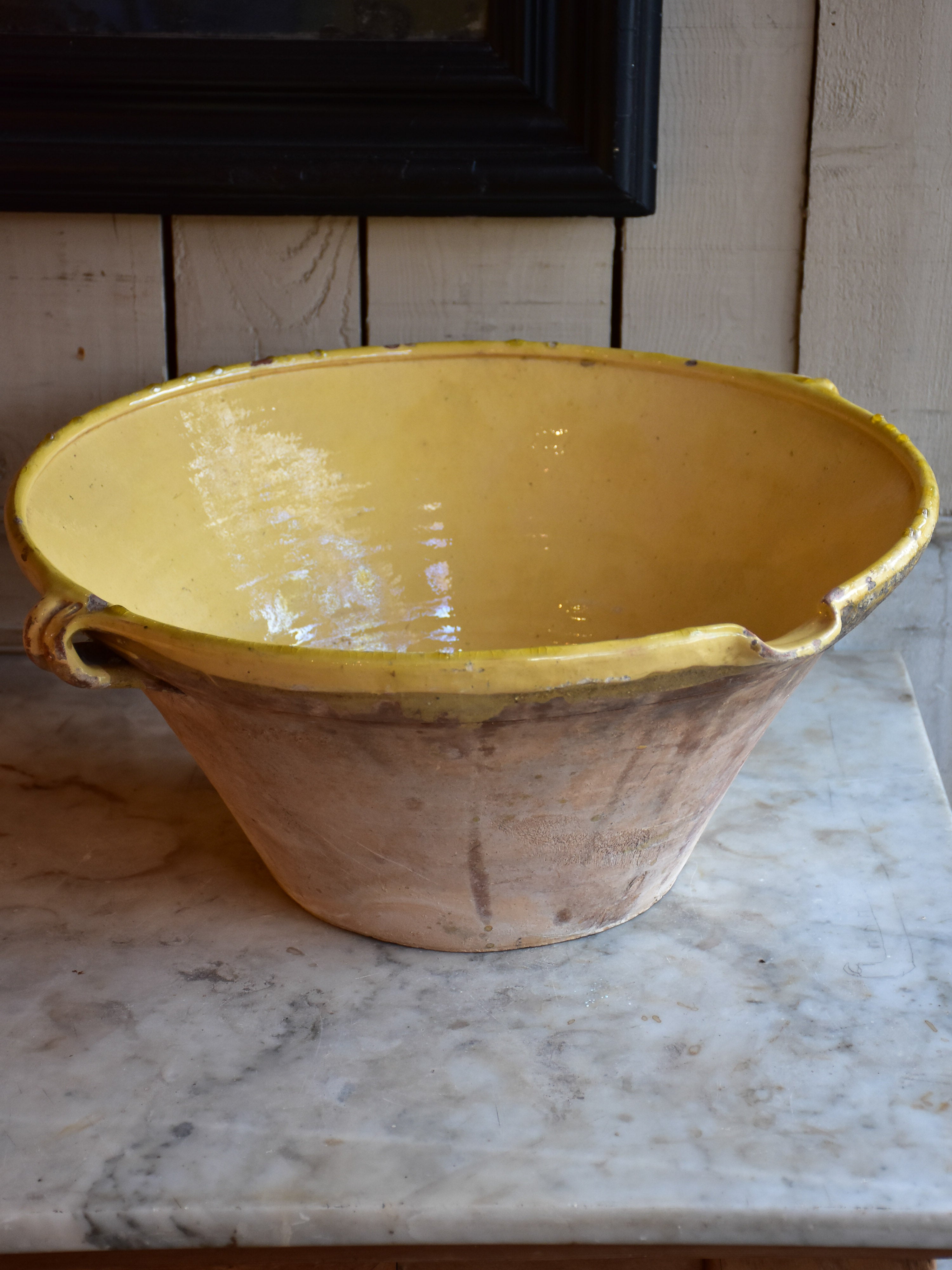 Large 19th century preserving bowl with yellow glaze