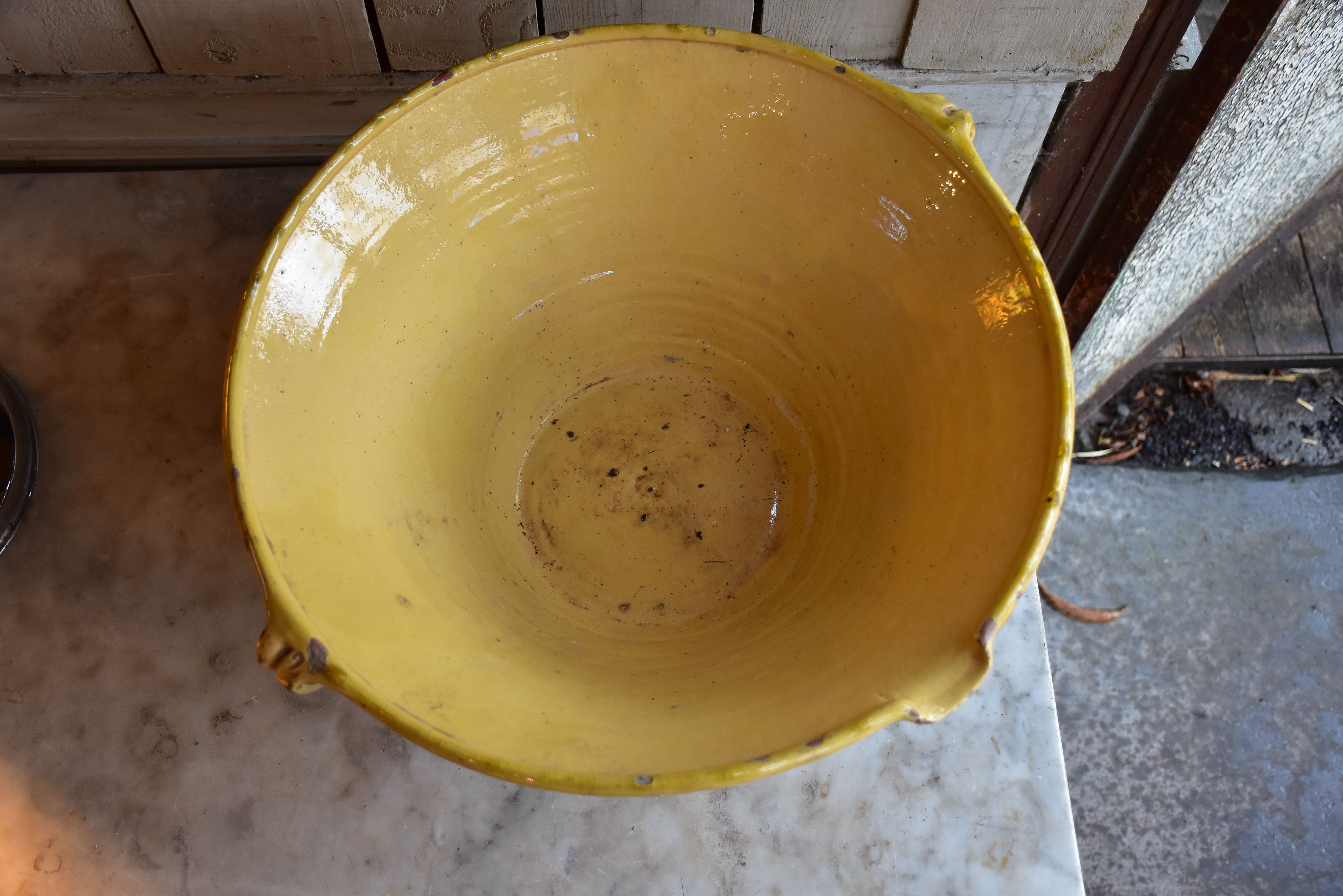 Large 19th century preserving bowl with yellow glaze