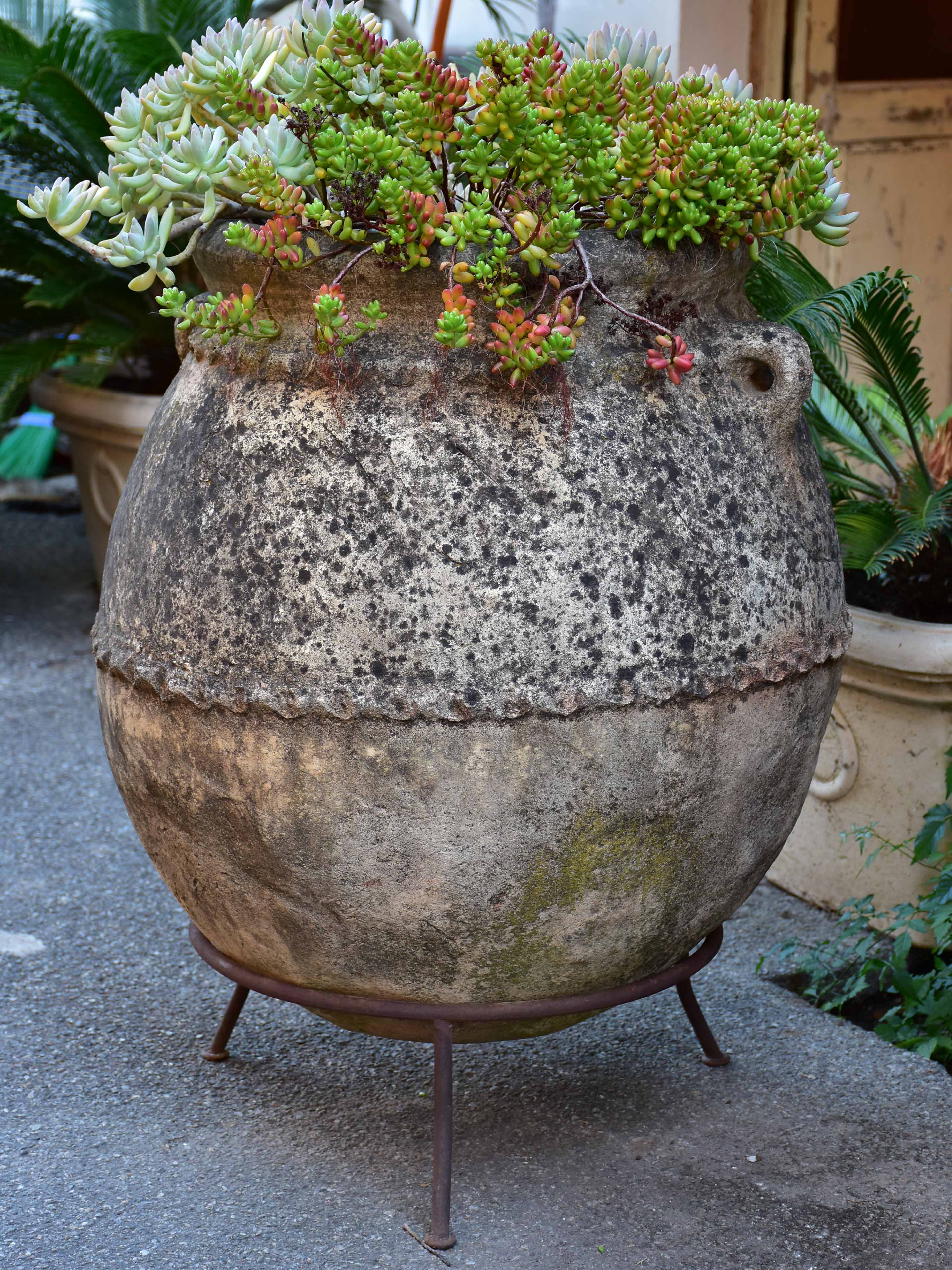 Vintage Spanish garden planter with iron stand