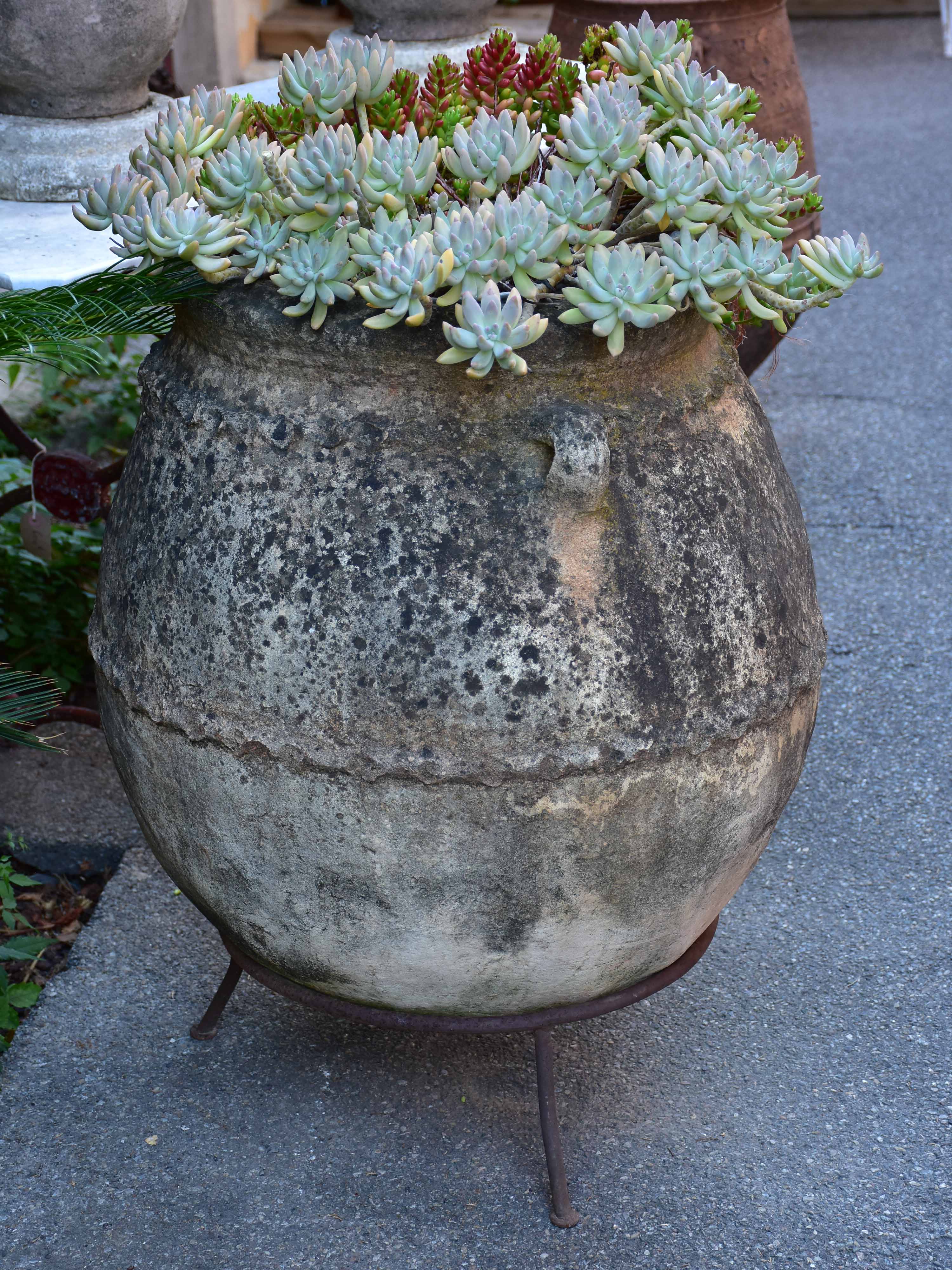 Vintage Spanish garden planter with iron stand