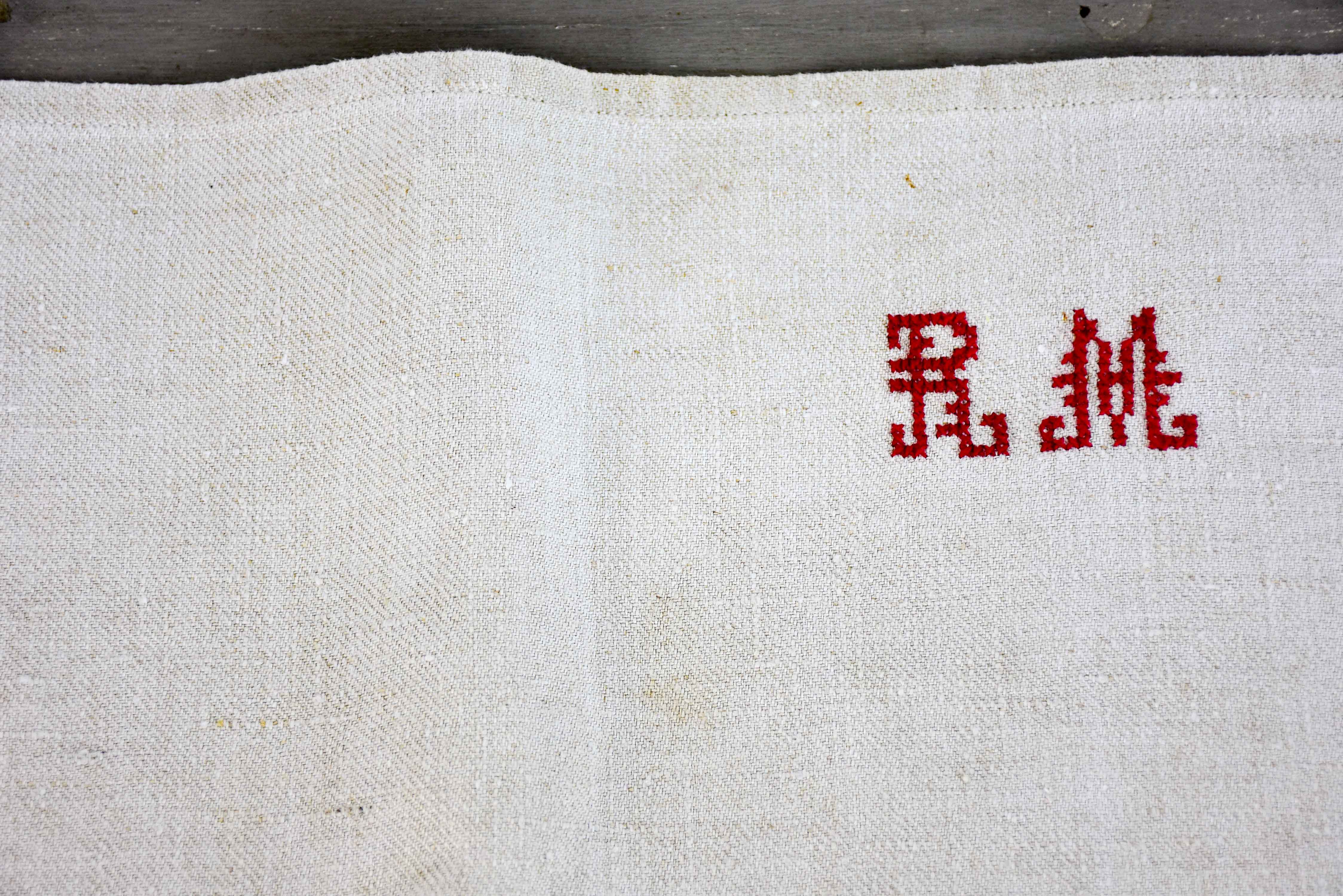 Two vintage French tea towels with large RM monogram