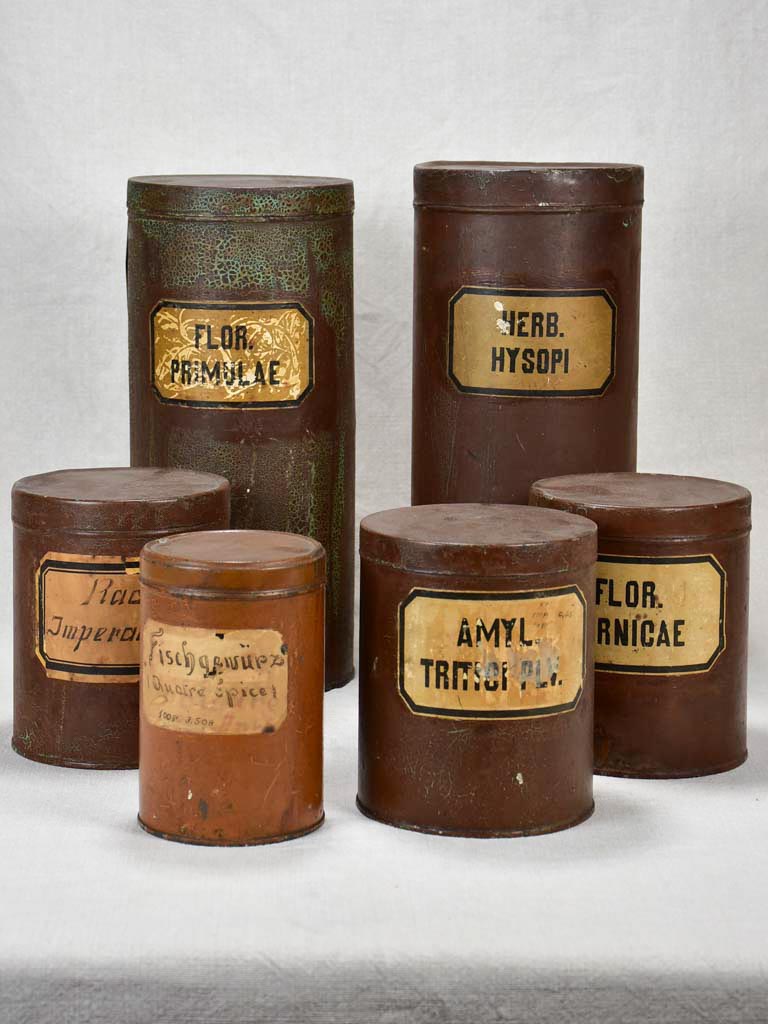 Collection of six herbalist's tins - 1900's 6¾" - 15"