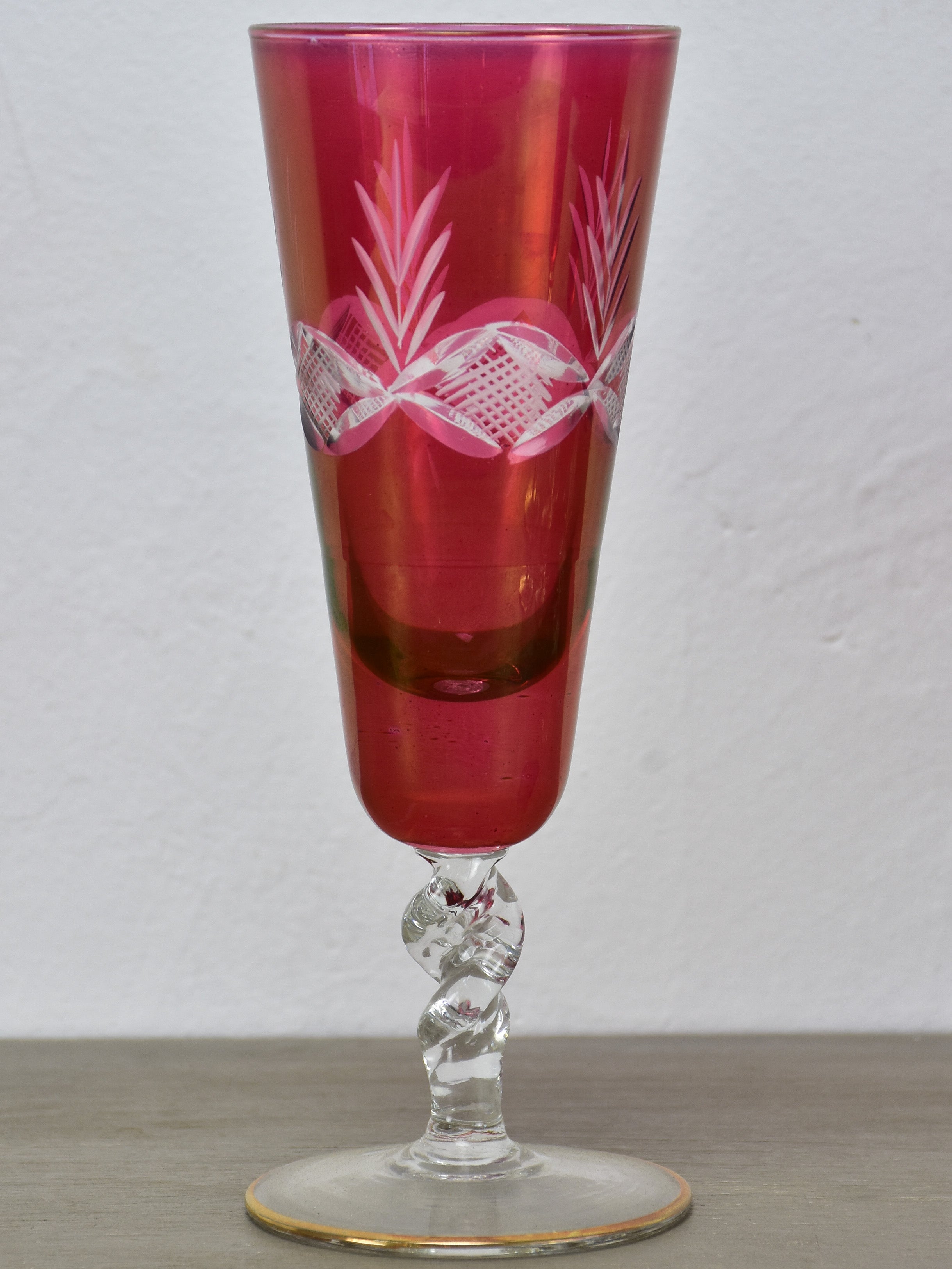 Six antique French champagne glasses with red etched glass