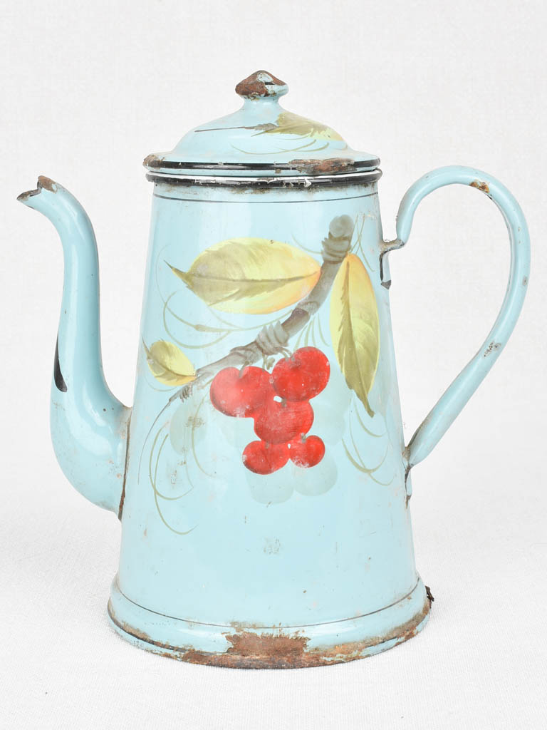 Enamel coffee pot with painted cherries 9½"