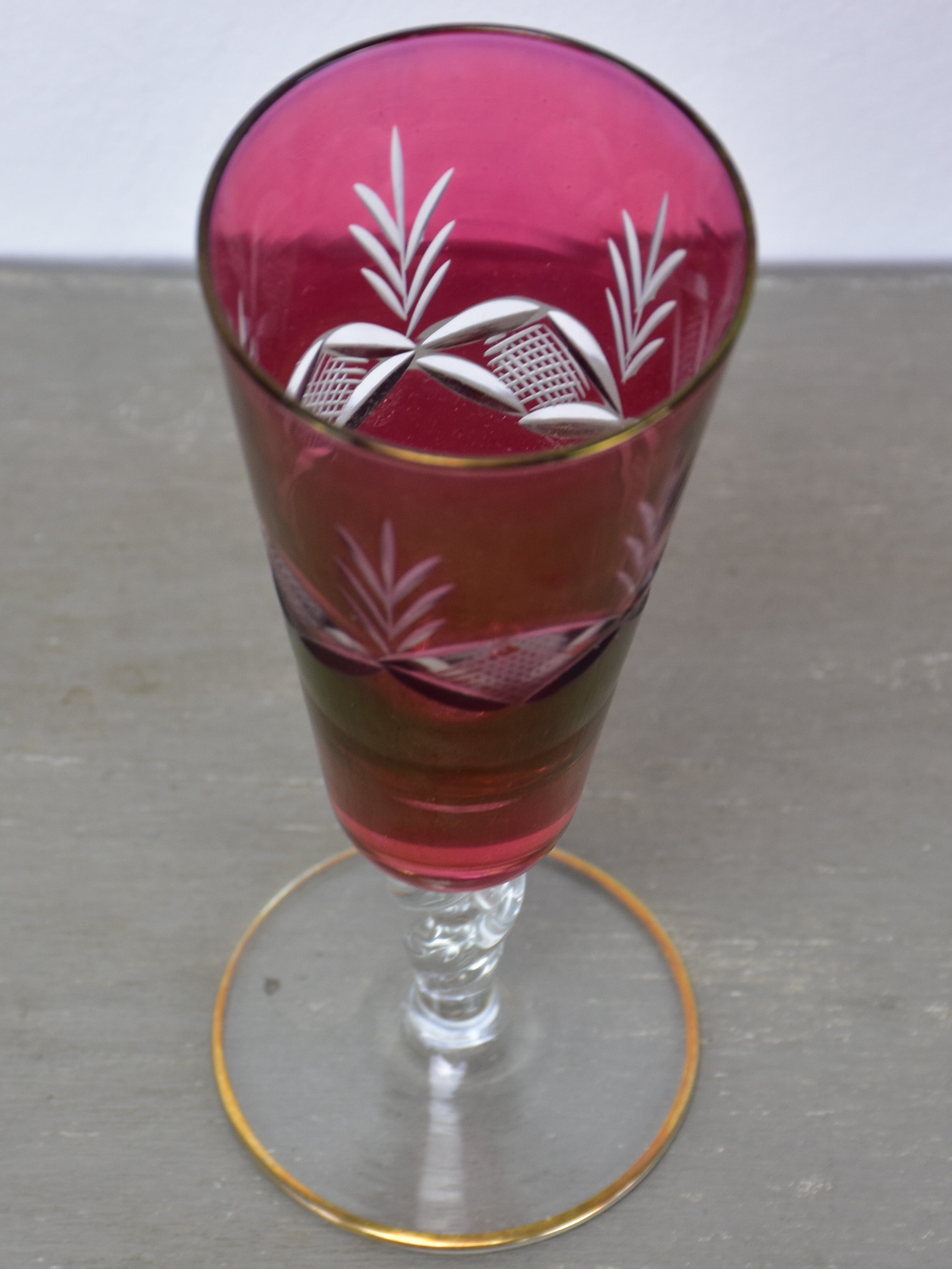 Six antique French champagne glasses with red etched glass