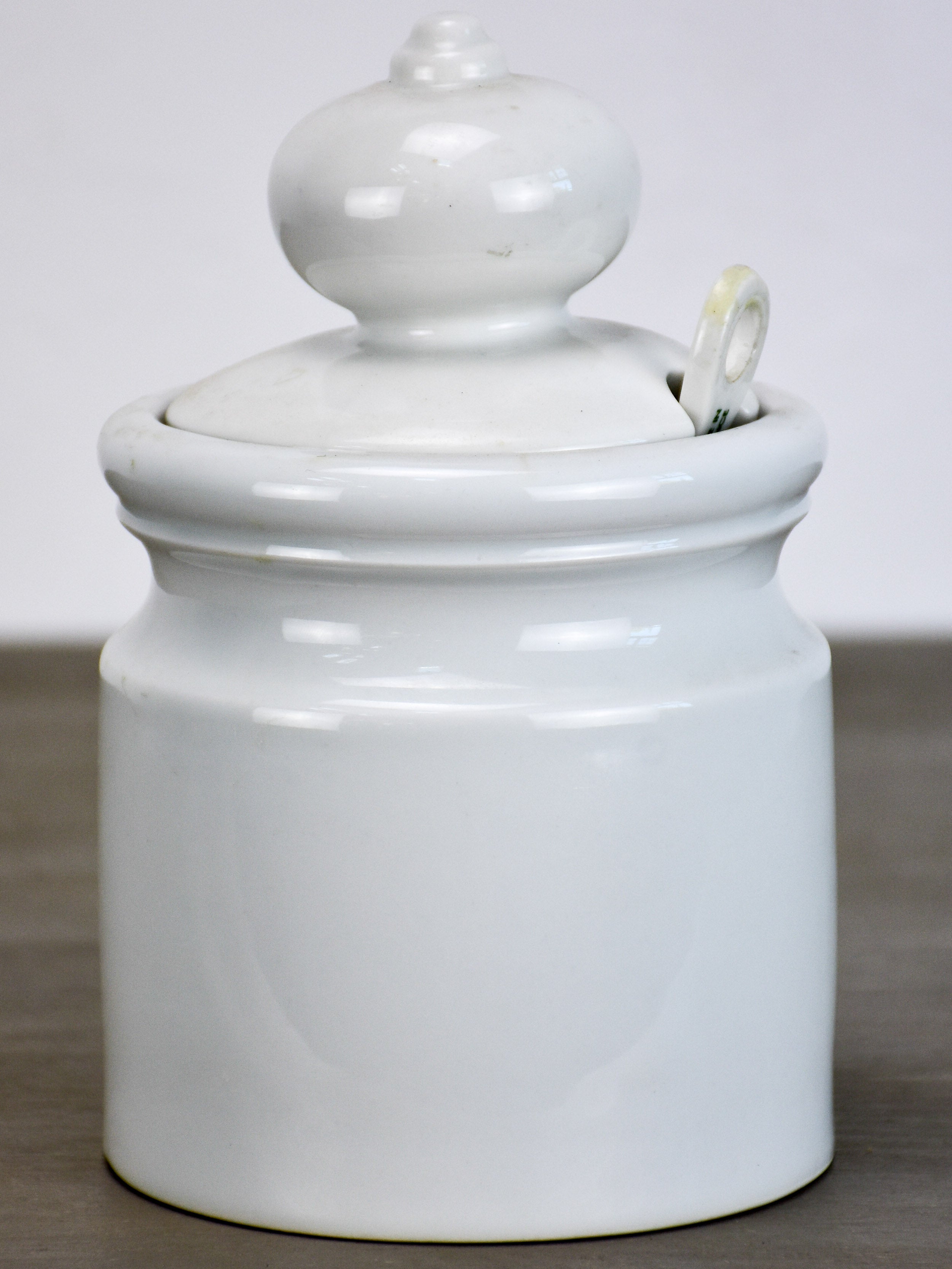 Vintage French porcelain mustard pot with lid and spoon