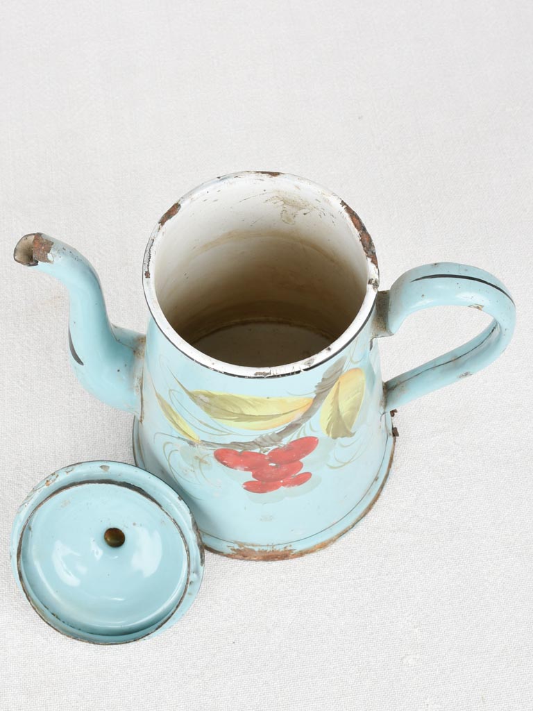 Enamel coffee pot with painted cherries 9½"