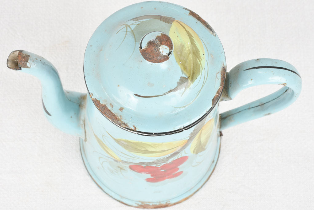 Enamel coffee pot with painted cherries 9½"