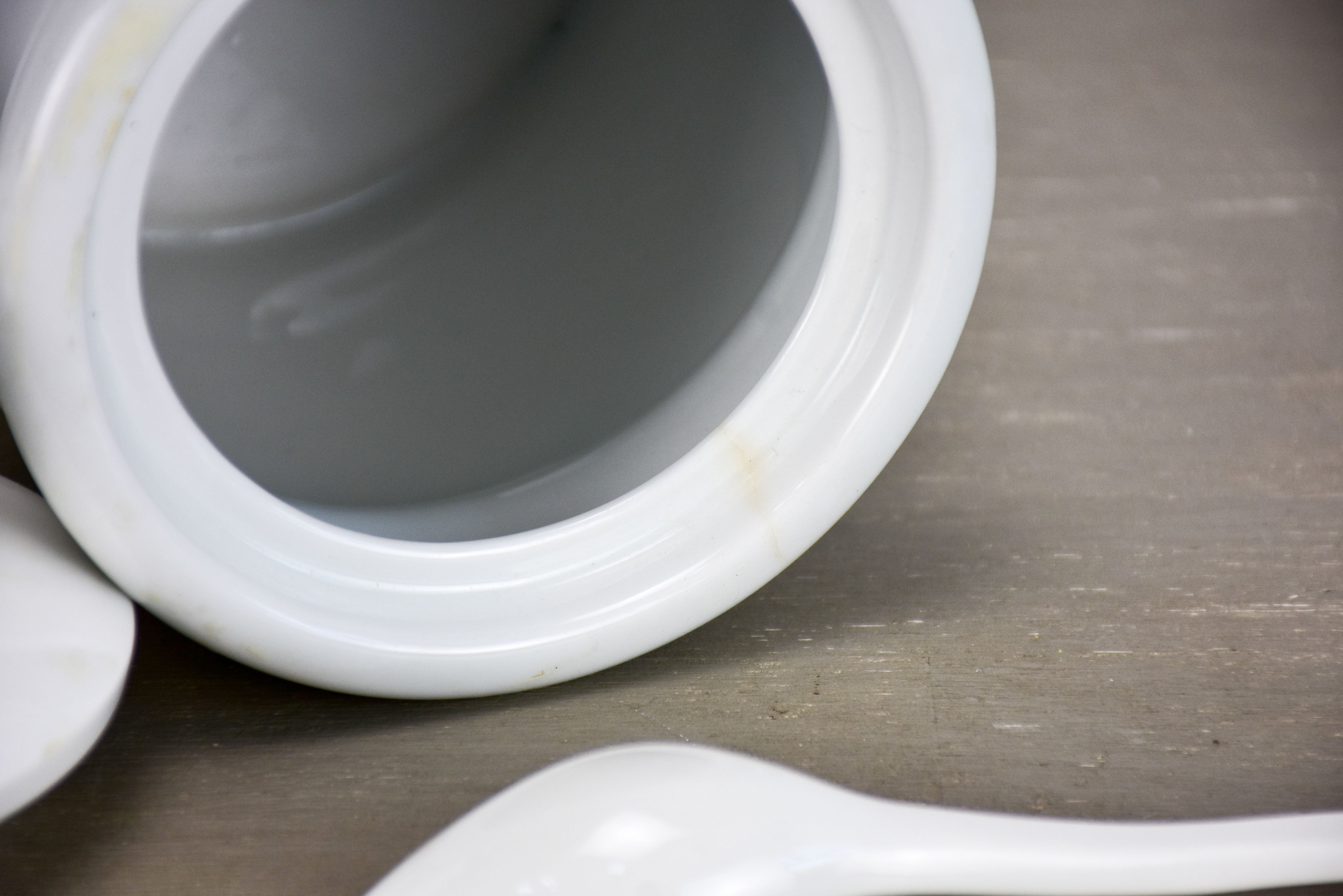 Vintage French porcelain mustard pot with lid and spoon