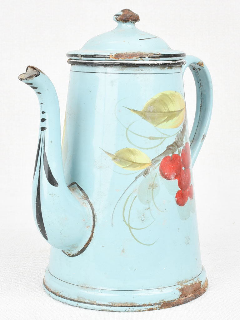 Enamel coffee pot with painted cherries 9½"