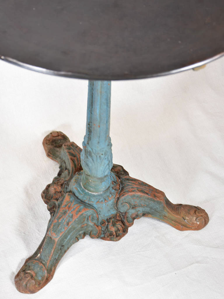 Antique French bistro table with cast iron base and blue / green patina - 1900's