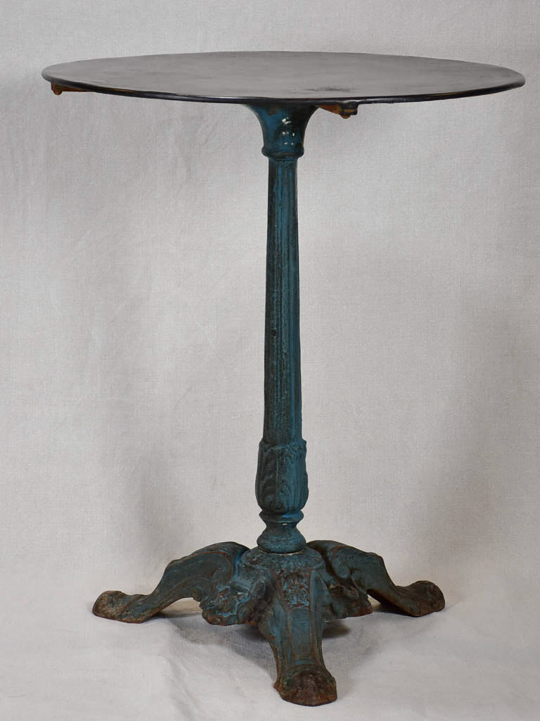 Antique French bistro table with cast iron base and blue / green patina - 1900's