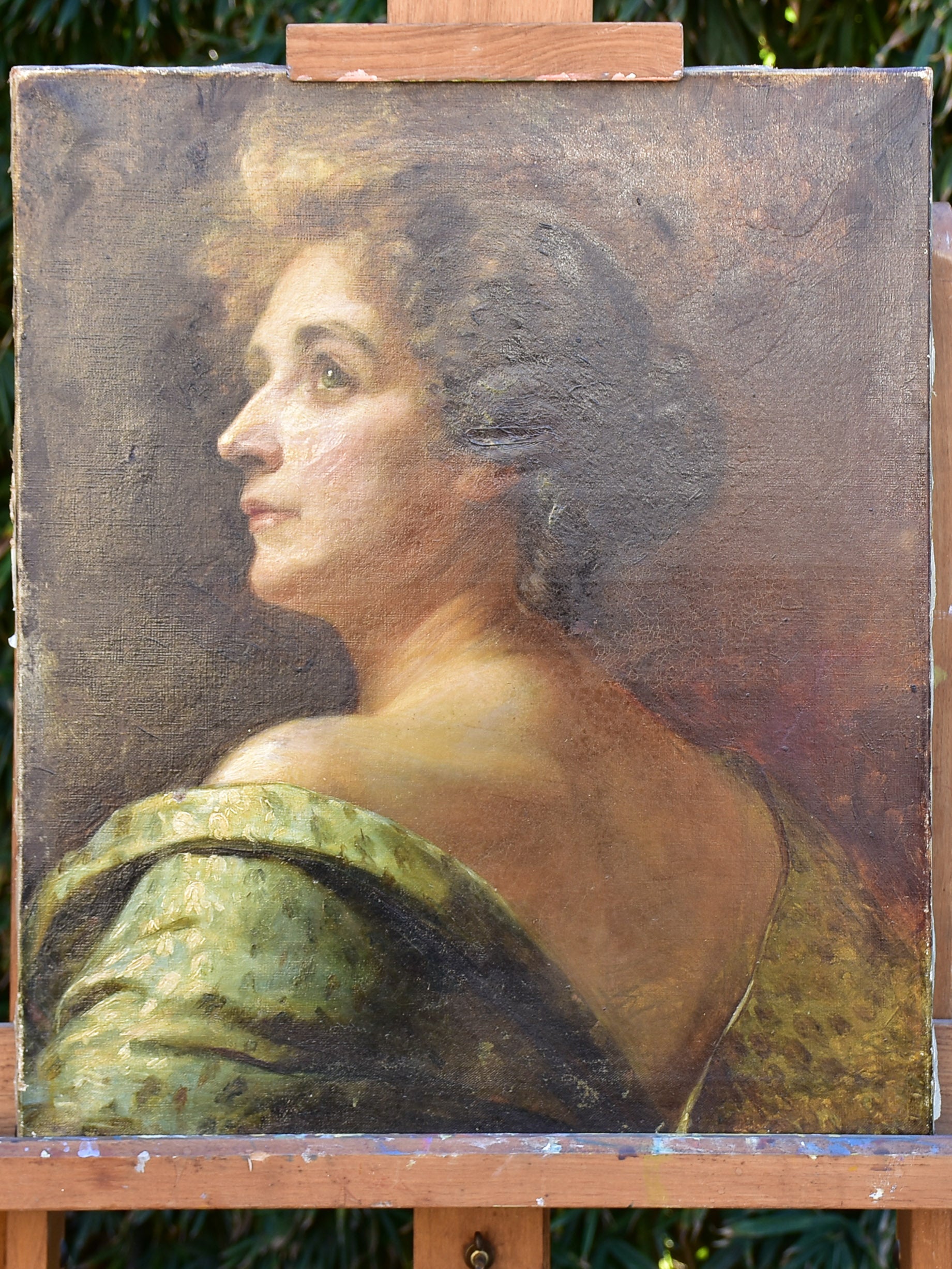 19th century French portrait of a lady in olive green dress