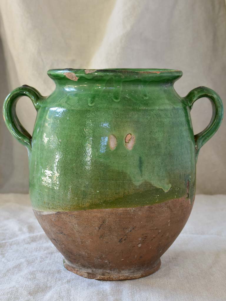 20th Century French confit pot with green glaze 9"