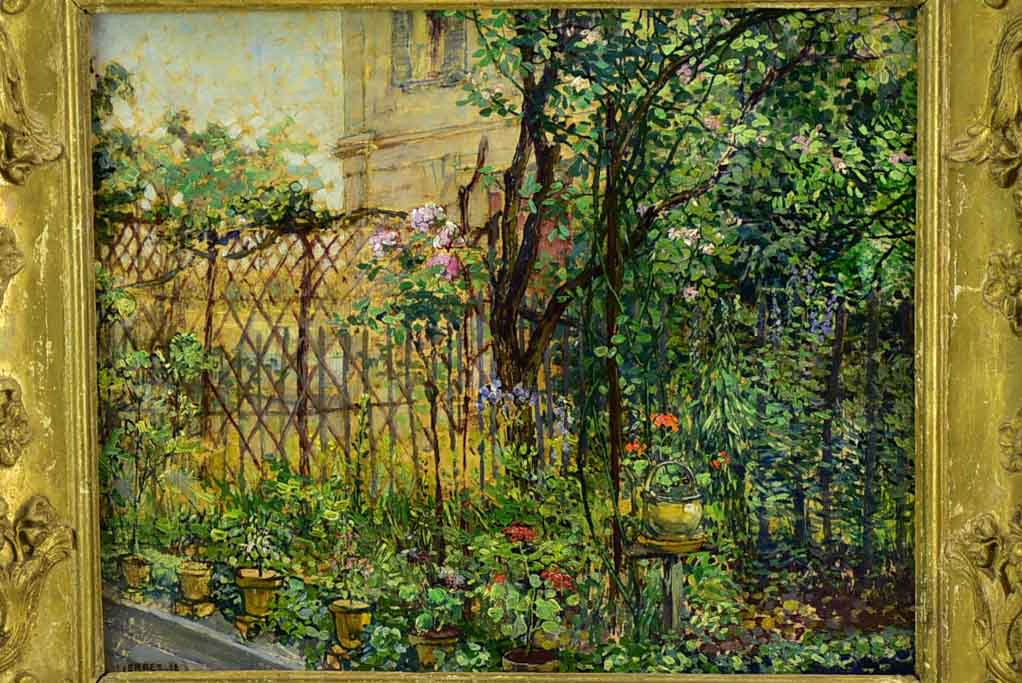 Early 20th century oil on canvas of a Parisian house and garden - Etienne De Lierres 13" x 15"