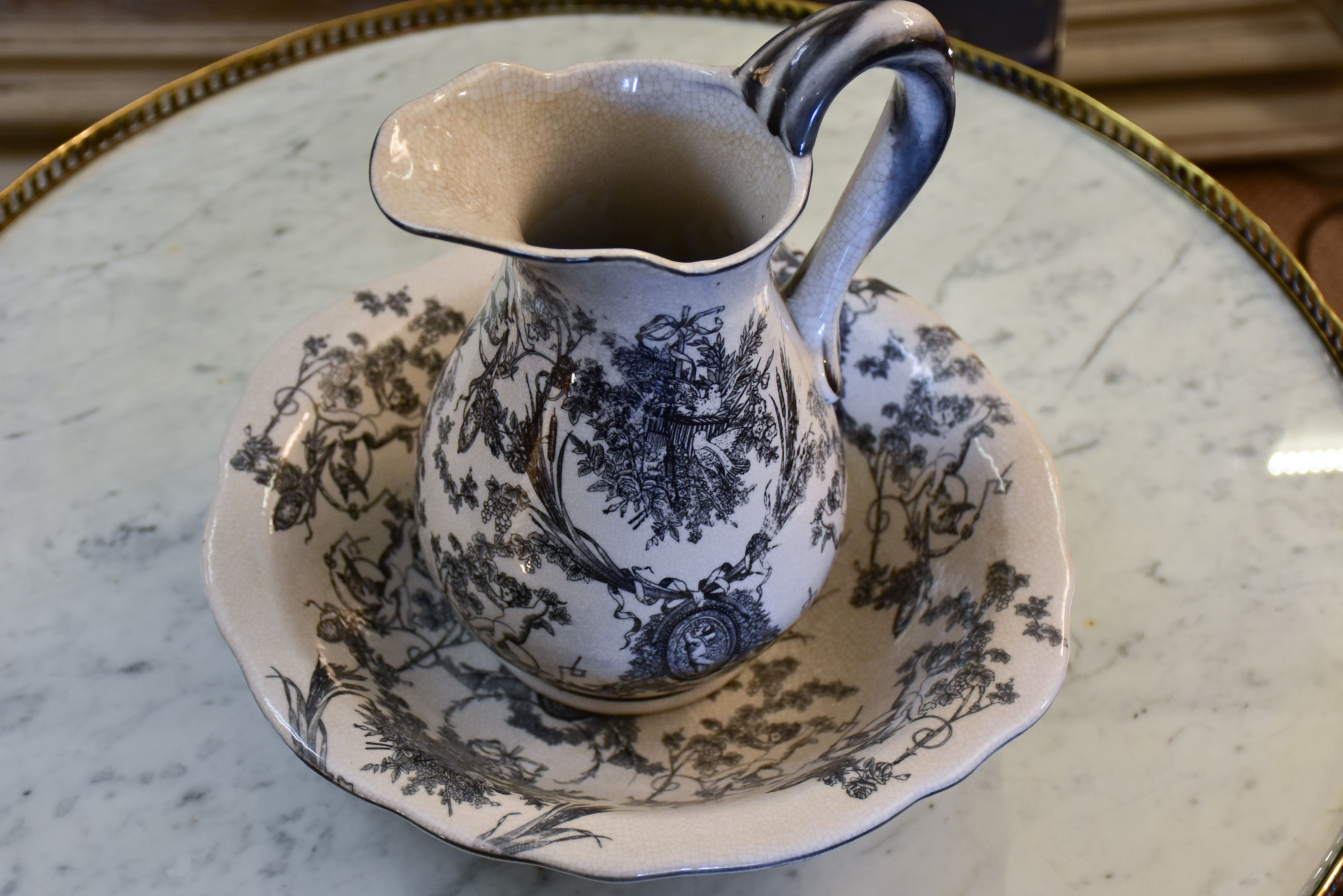 Antique French ironstone pitcher and bowl - black and grey