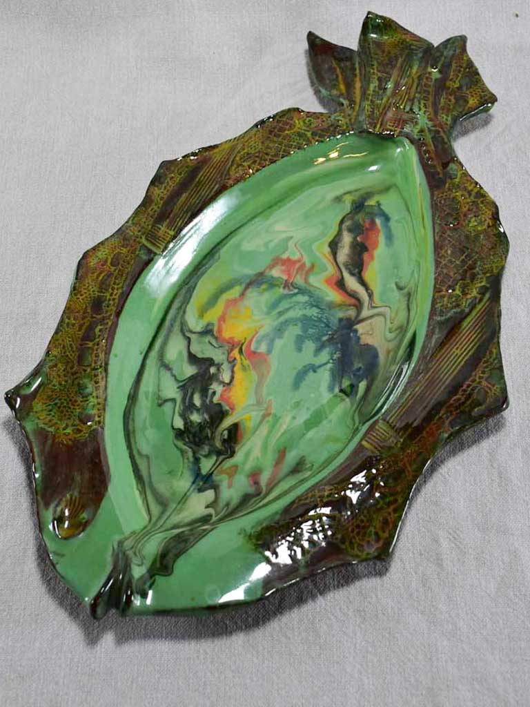 Vintage green Fish platter Vallauris 1960's 19¾" x 11¾"