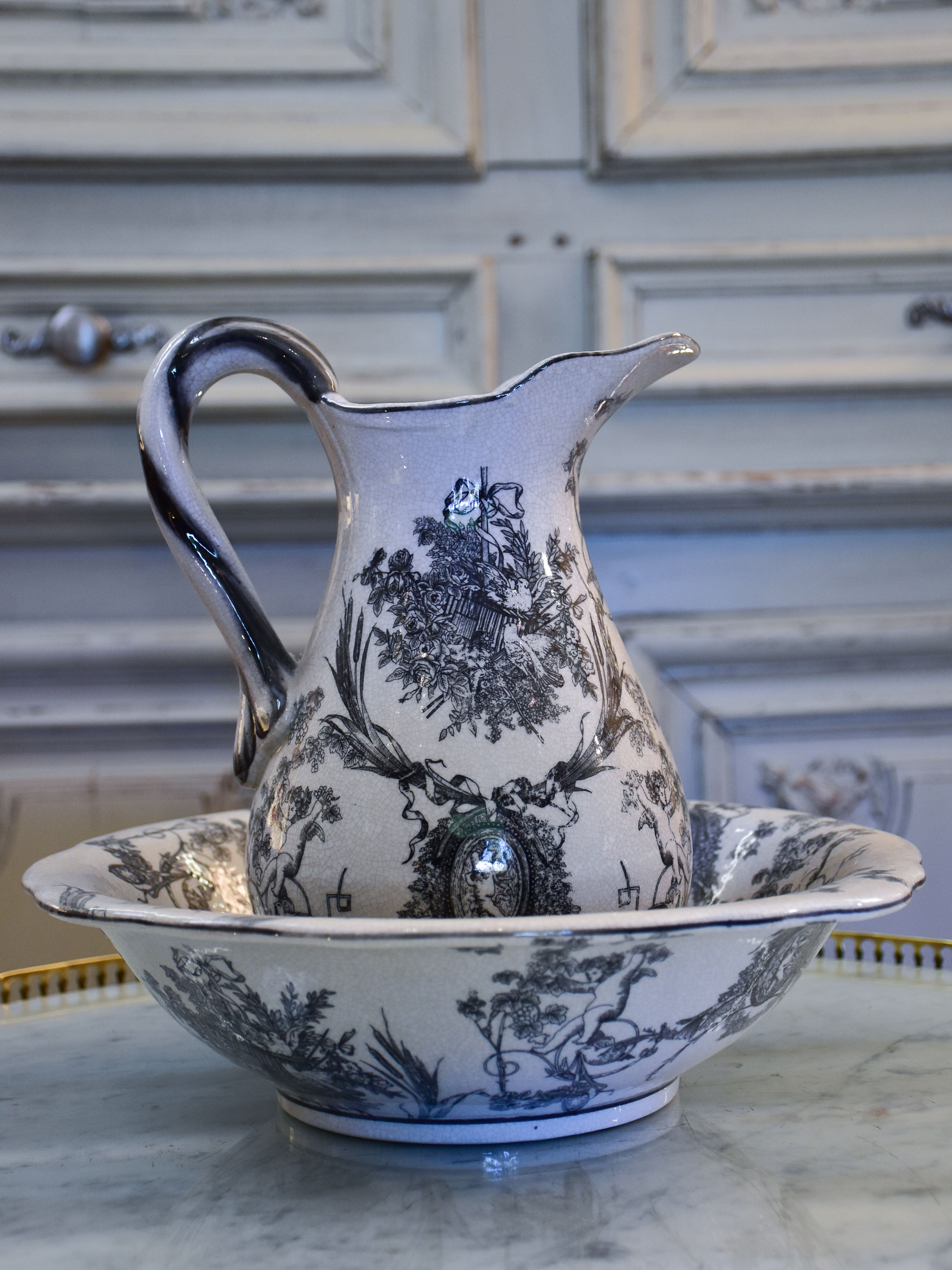 Antique French ironstone pitcher and bowl - black and grey