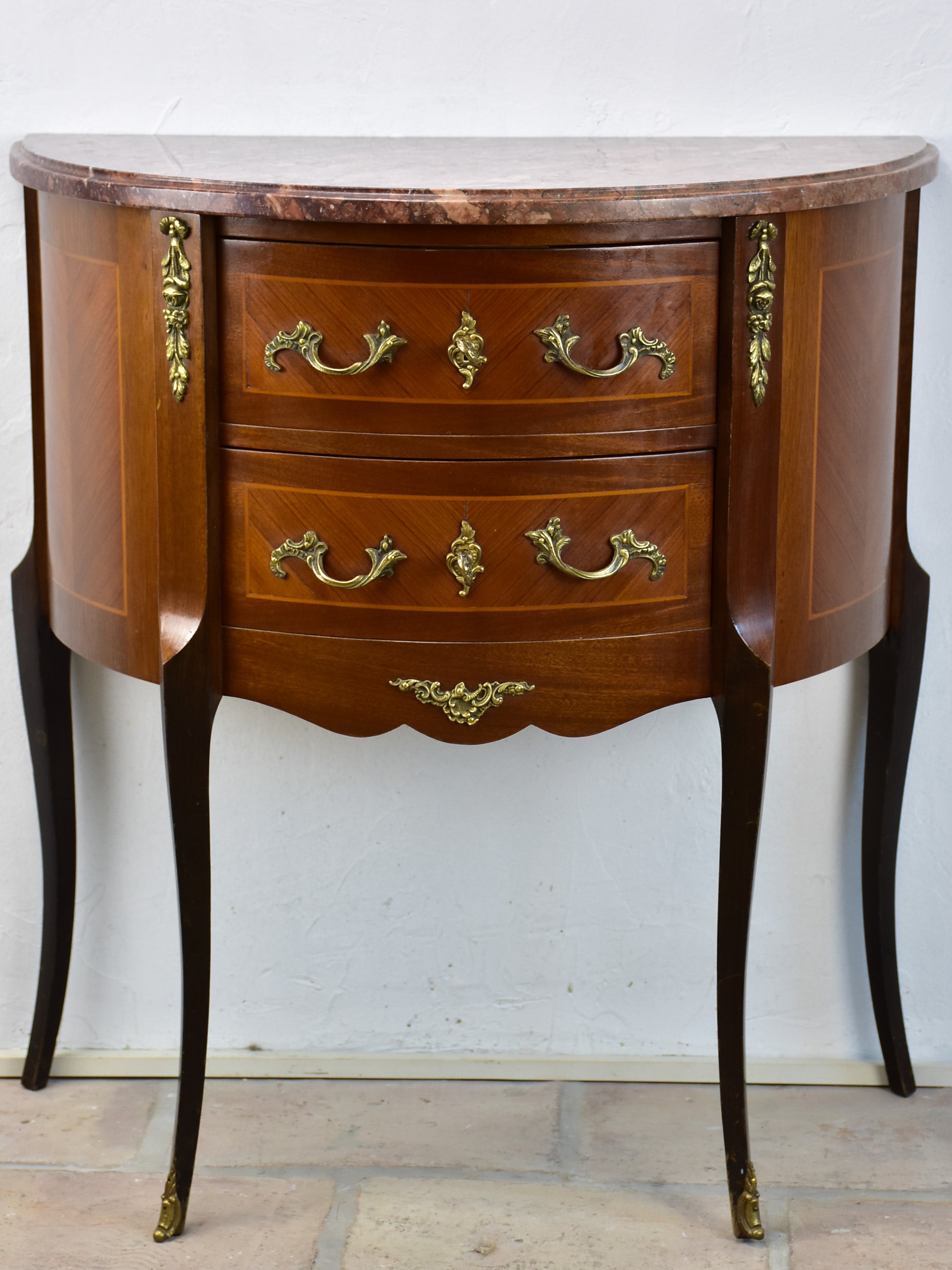 Antique French demilune commode with marble top