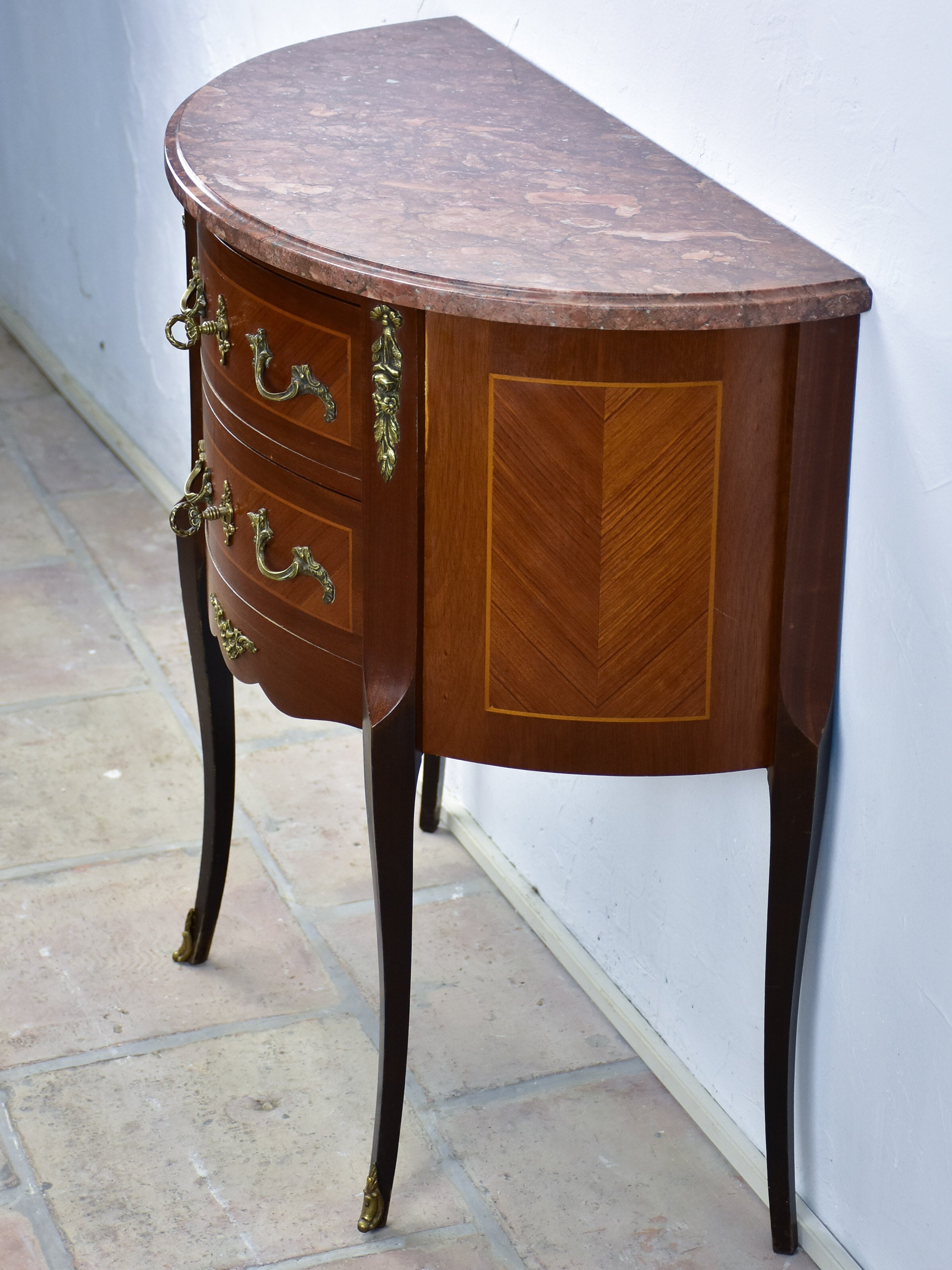 Antique French demilune commode with marble top