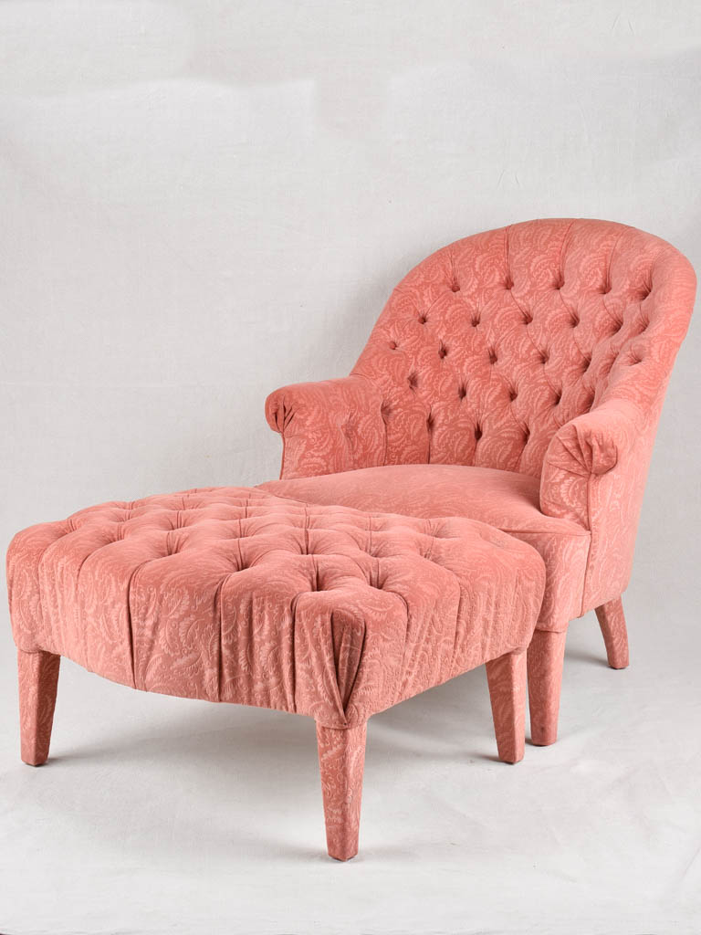 Tufted pink Duchesse brisée - armchair and footrest