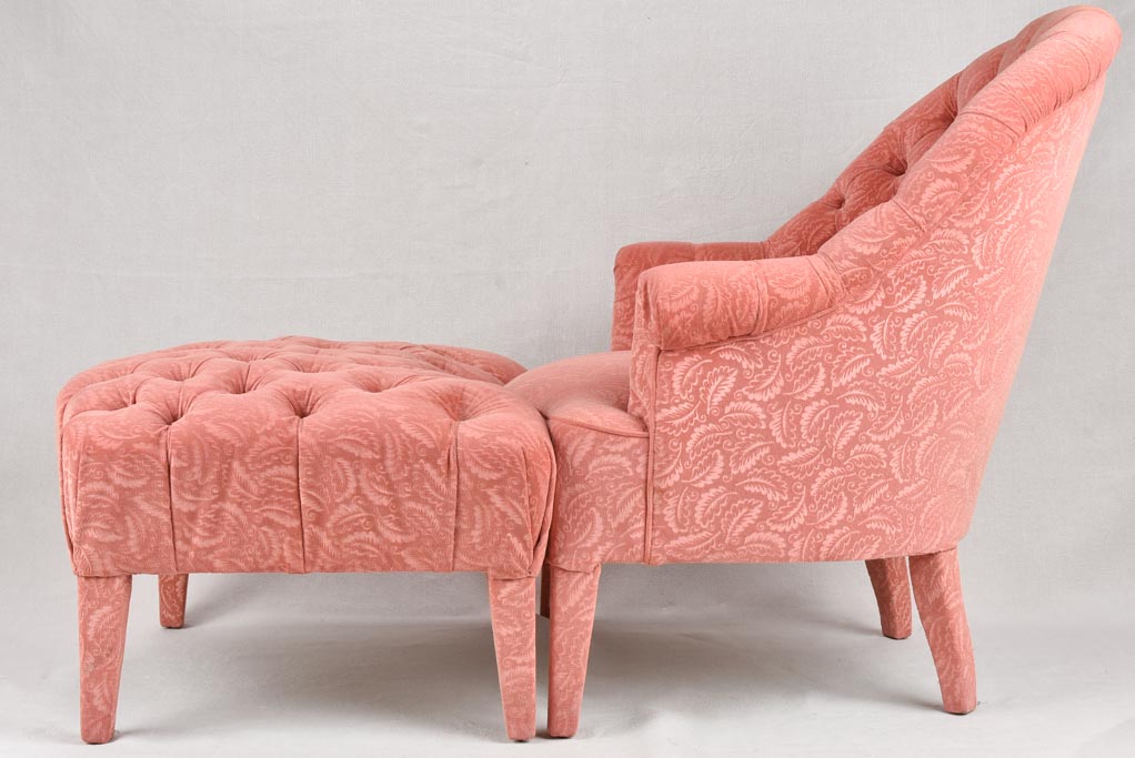 Tufted pink Duchesse brisée - armchair and footrest