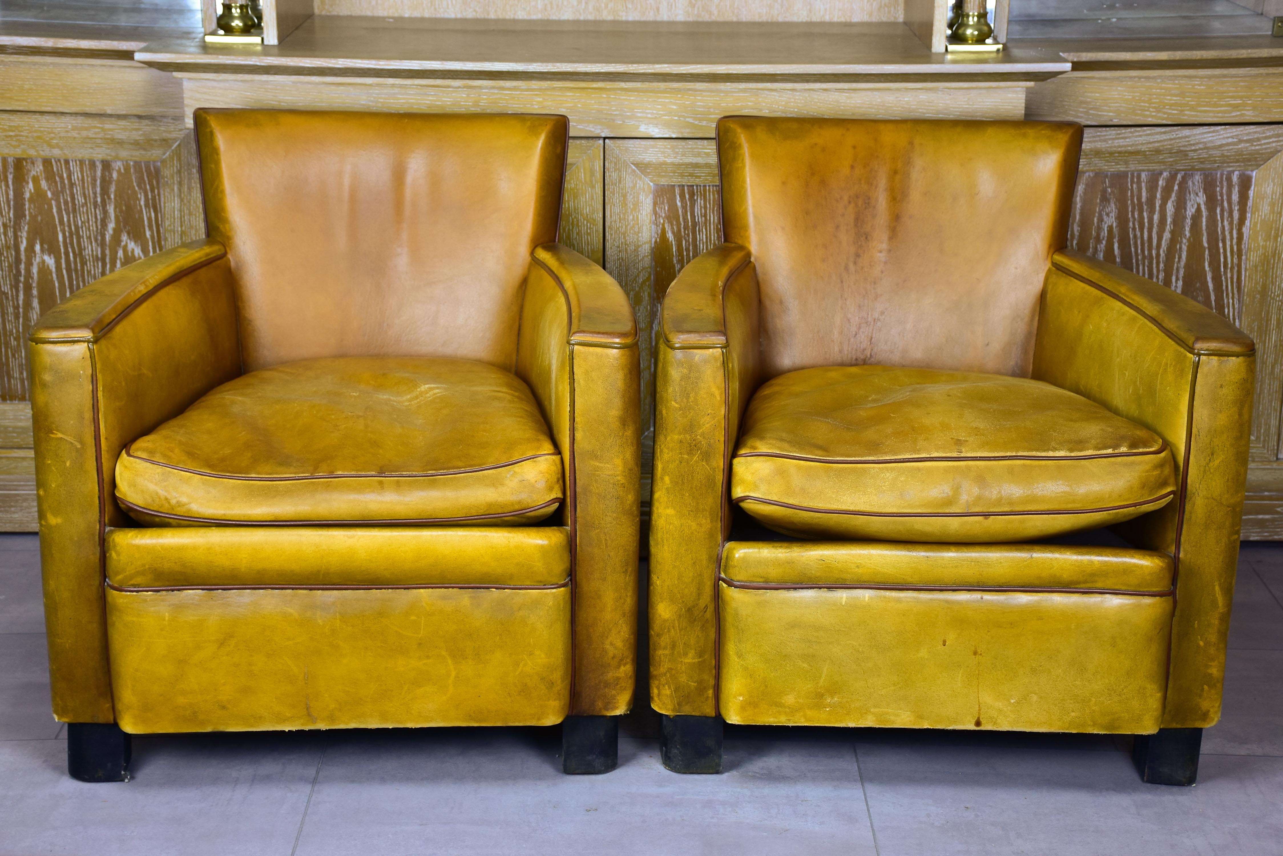 Pair of vintage French leather club chairs