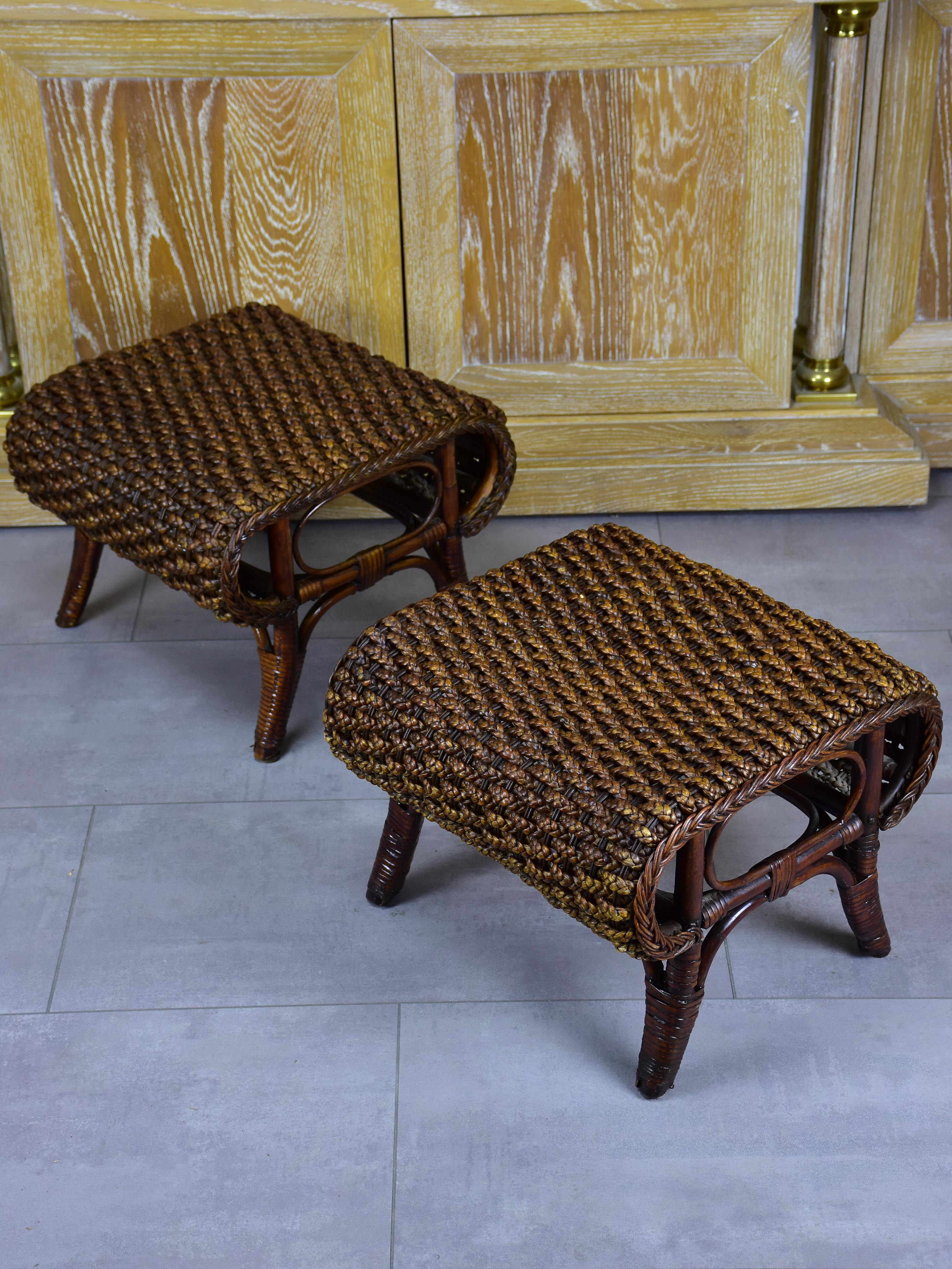 Pair of vintage rattan and cane footstools