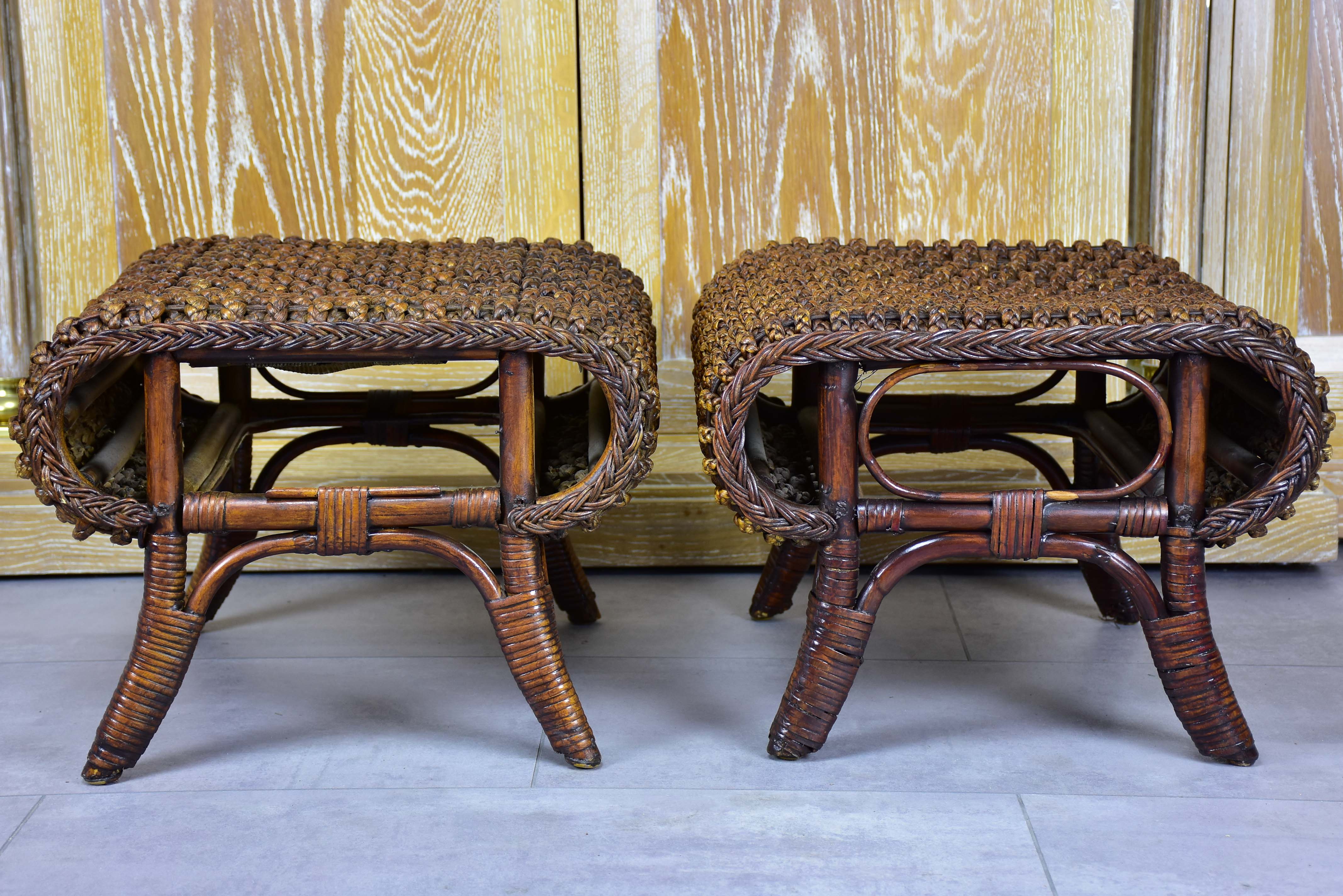 Pair of vintage rattan and cane footstools