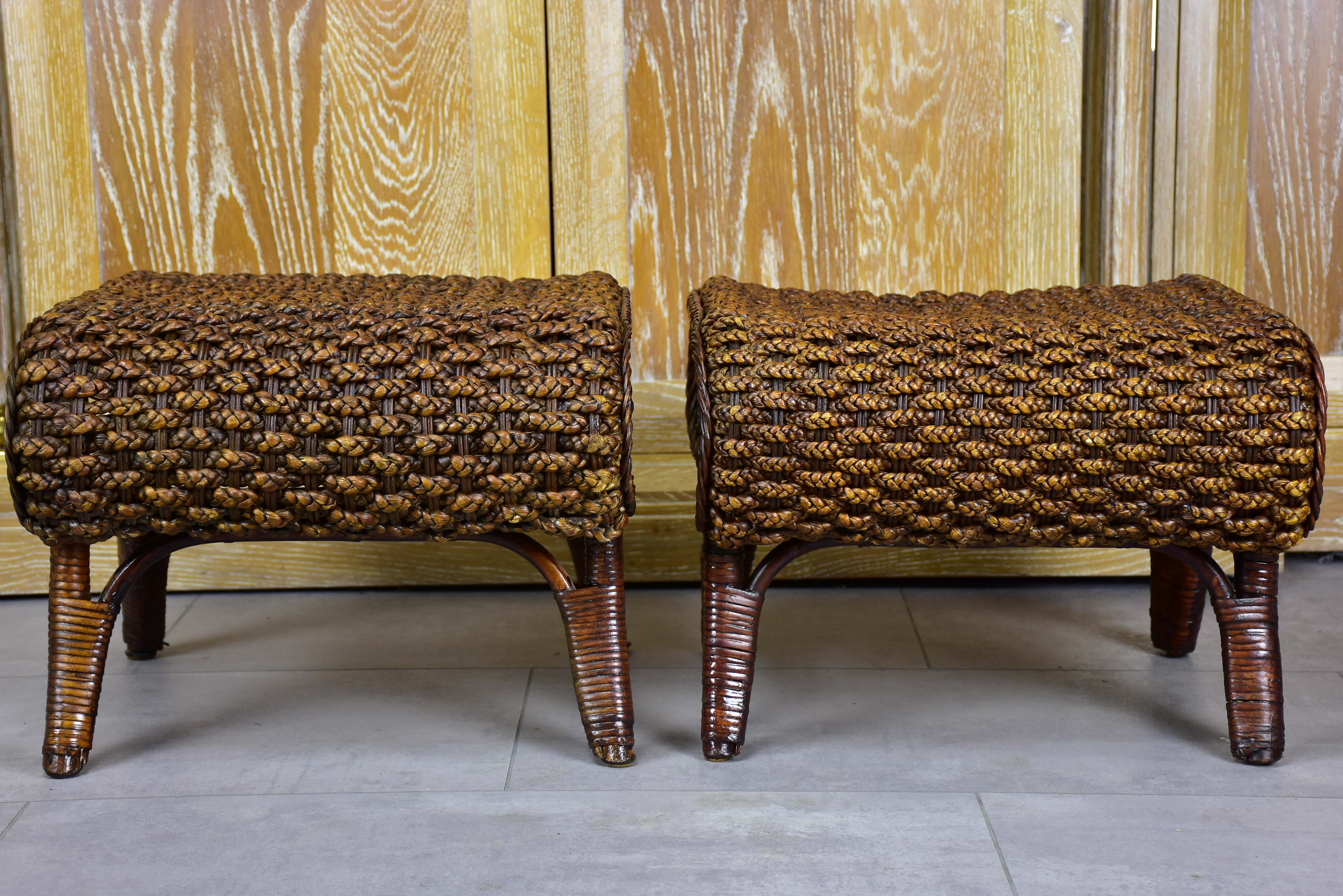 Pair of vintage rattan and cane footstools