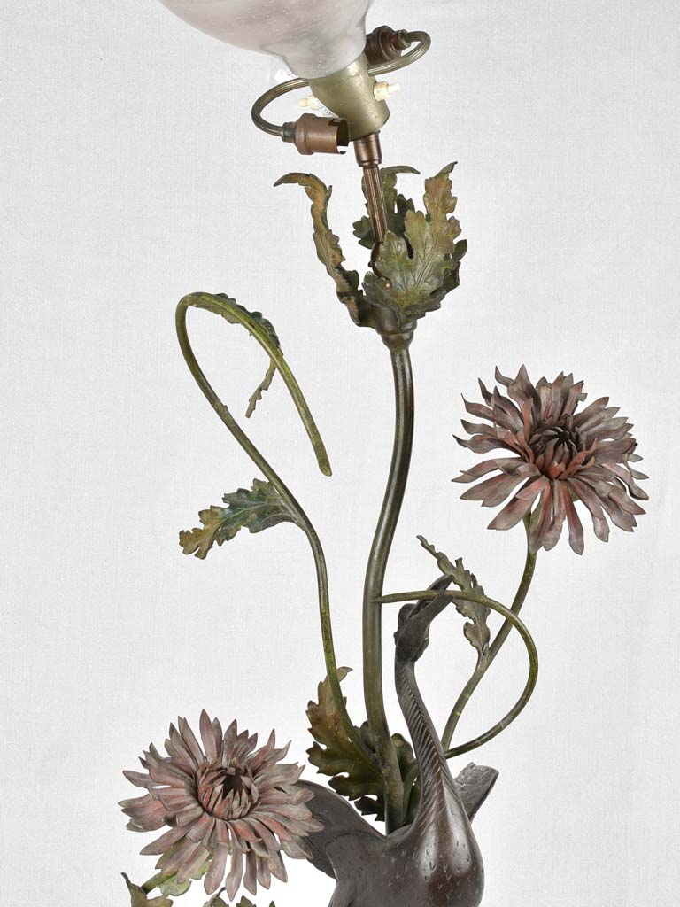 Vintage japanese floor lamp - bronze heron with flowers 44"