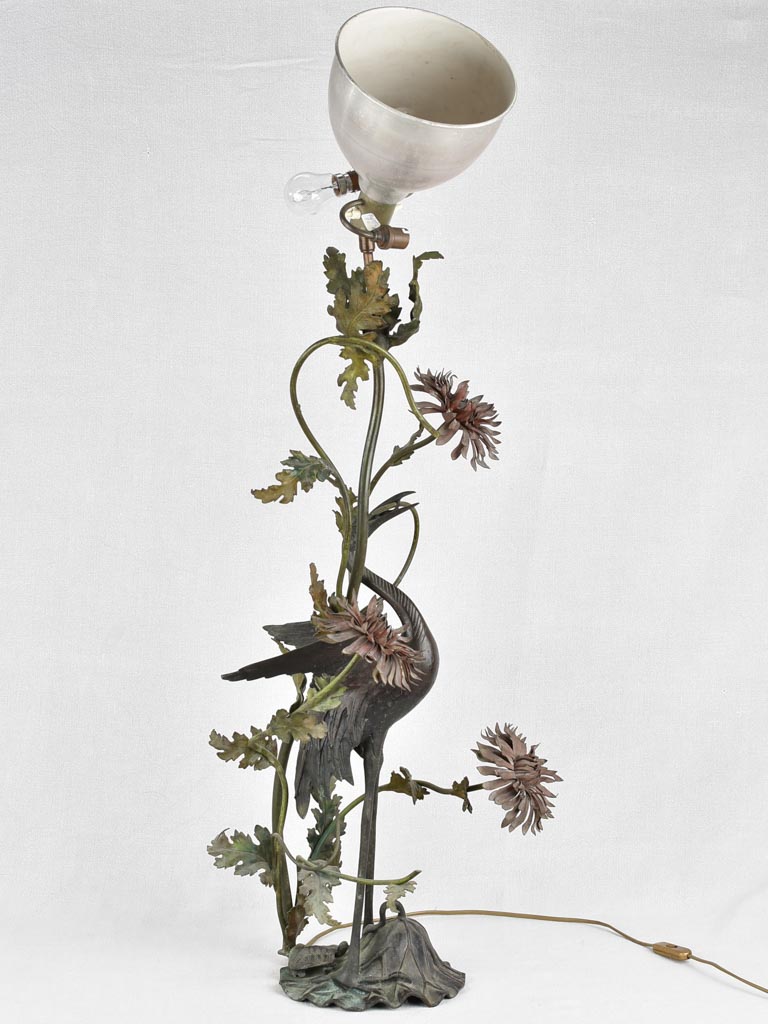 Vintage japanese floor lamp - bronze heron with flowers 44"