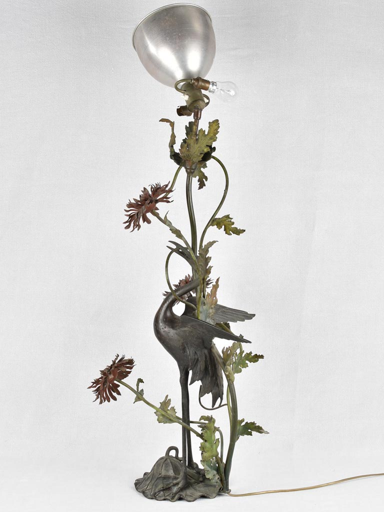 Vintage japanese floor lamp - bronze heron with flowers 44"