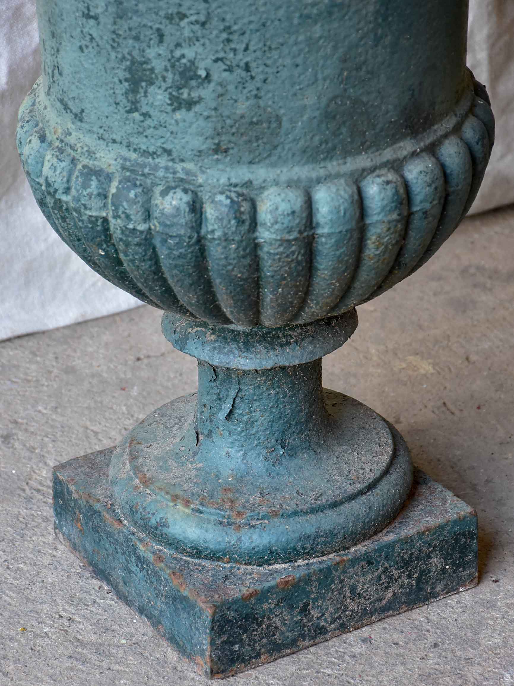 Pair of large antique French Medici garden urns with green patina