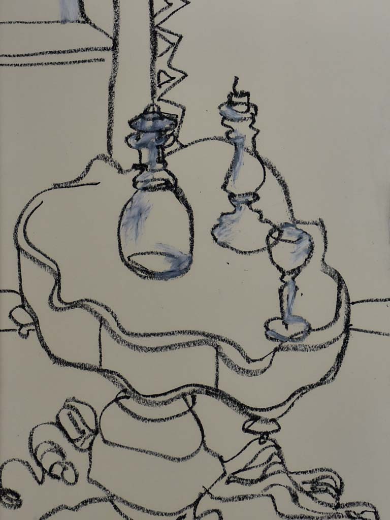 3/4 Still life with carafe, candlestick and wine glass - charcoal on paper - Caroline Beauzon 18½ x 26""