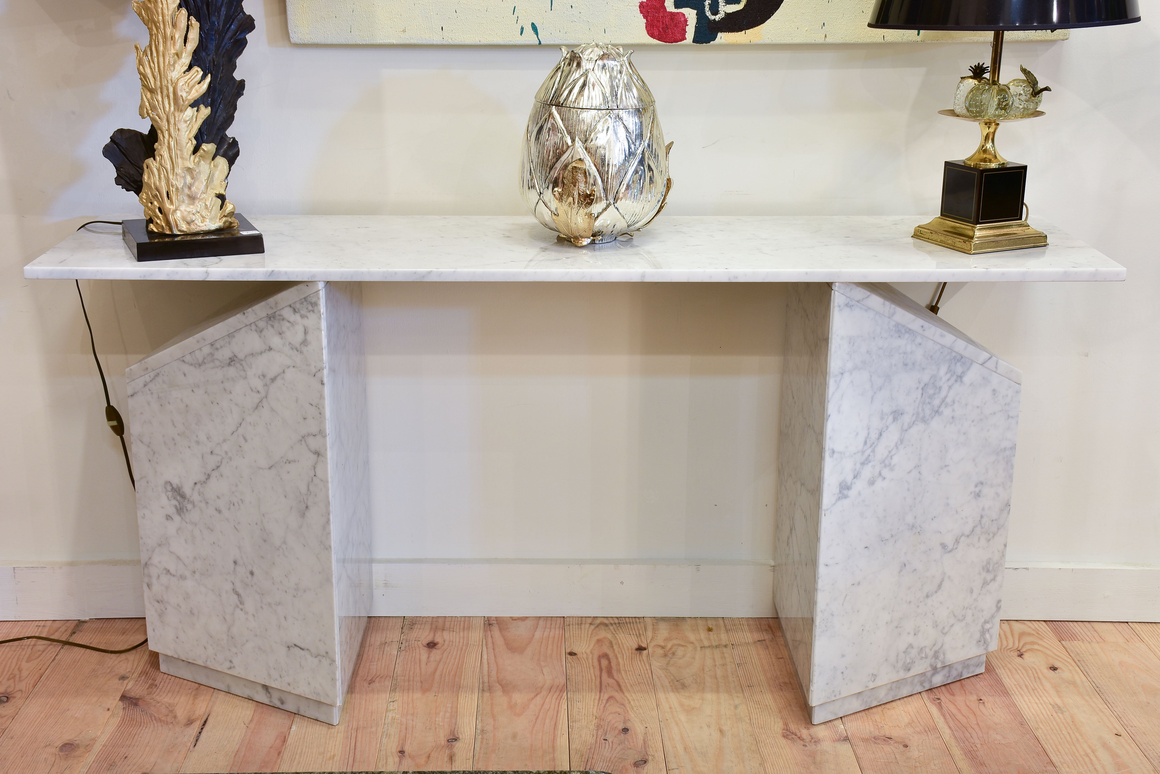 Vintage white marble console table with triangular legs