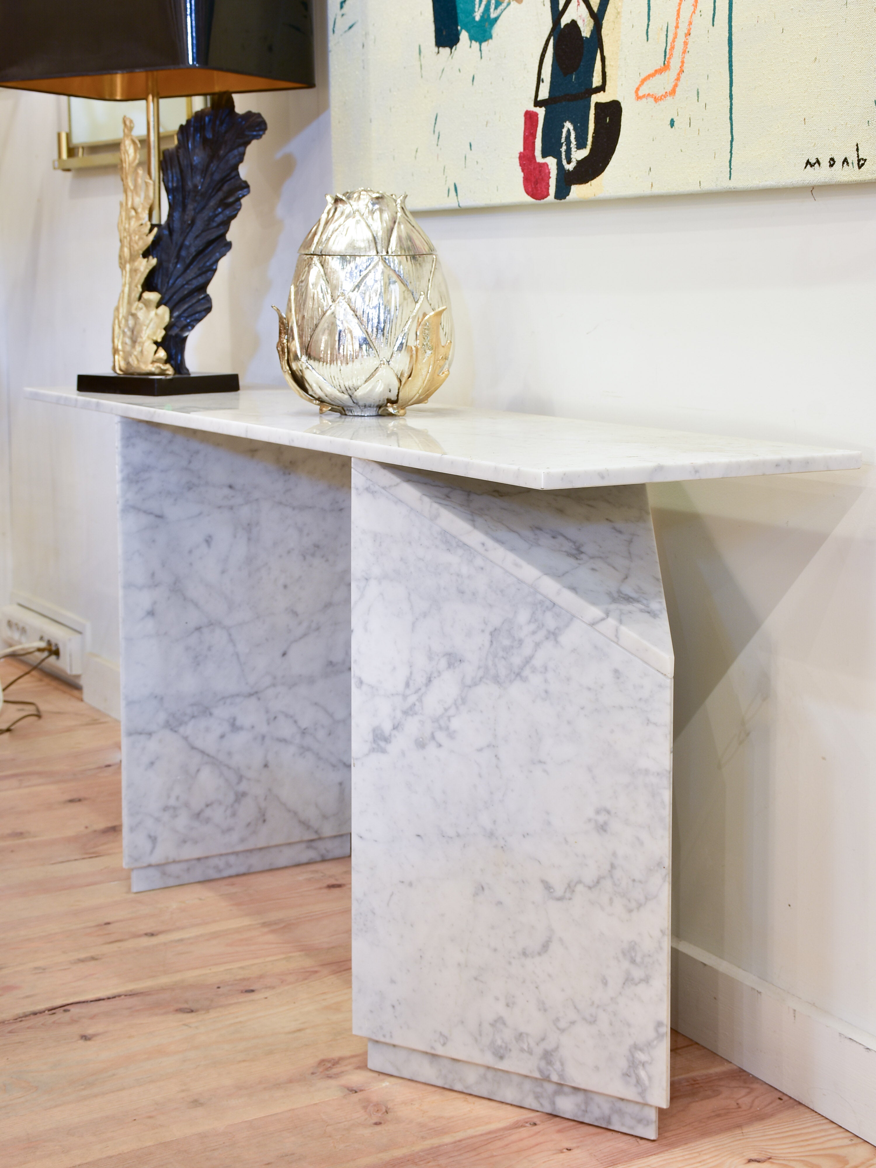 Vintage white marble console table with triangular legs