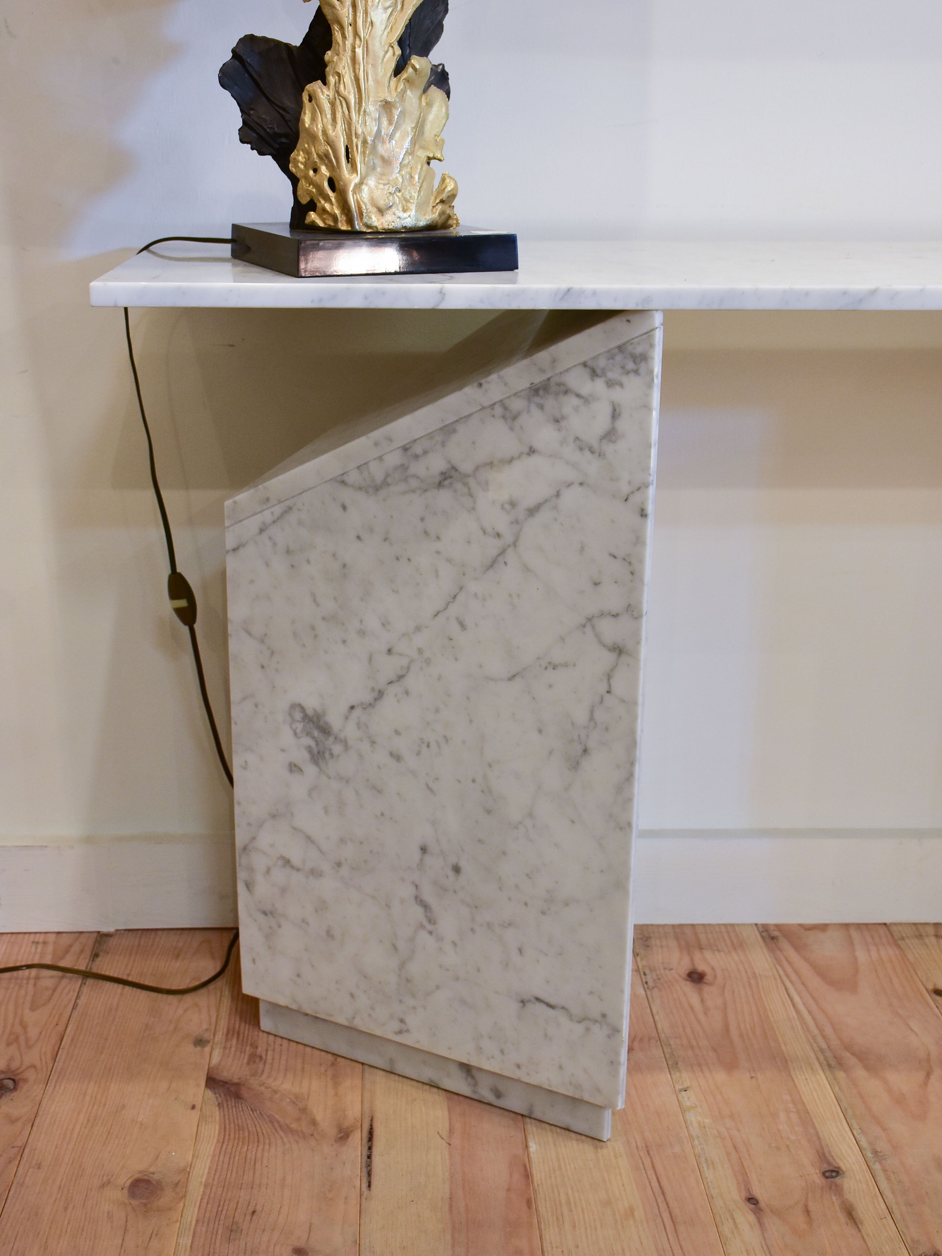 Vintage white marble console table with triangular legs