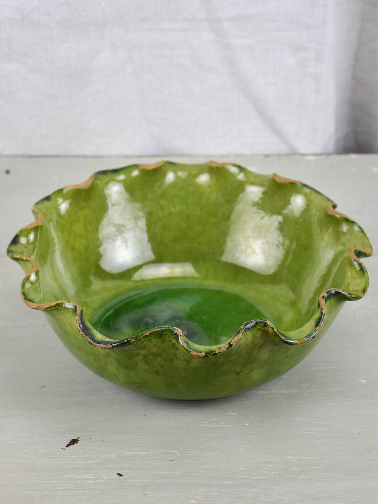 SOLD - MA Mid Century French salad bowl with rippled edge and green glaze