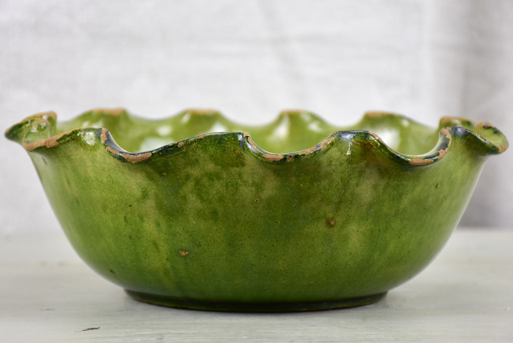 SOLD - MA Mid Century French salad bowl with rippled edge and green glaze